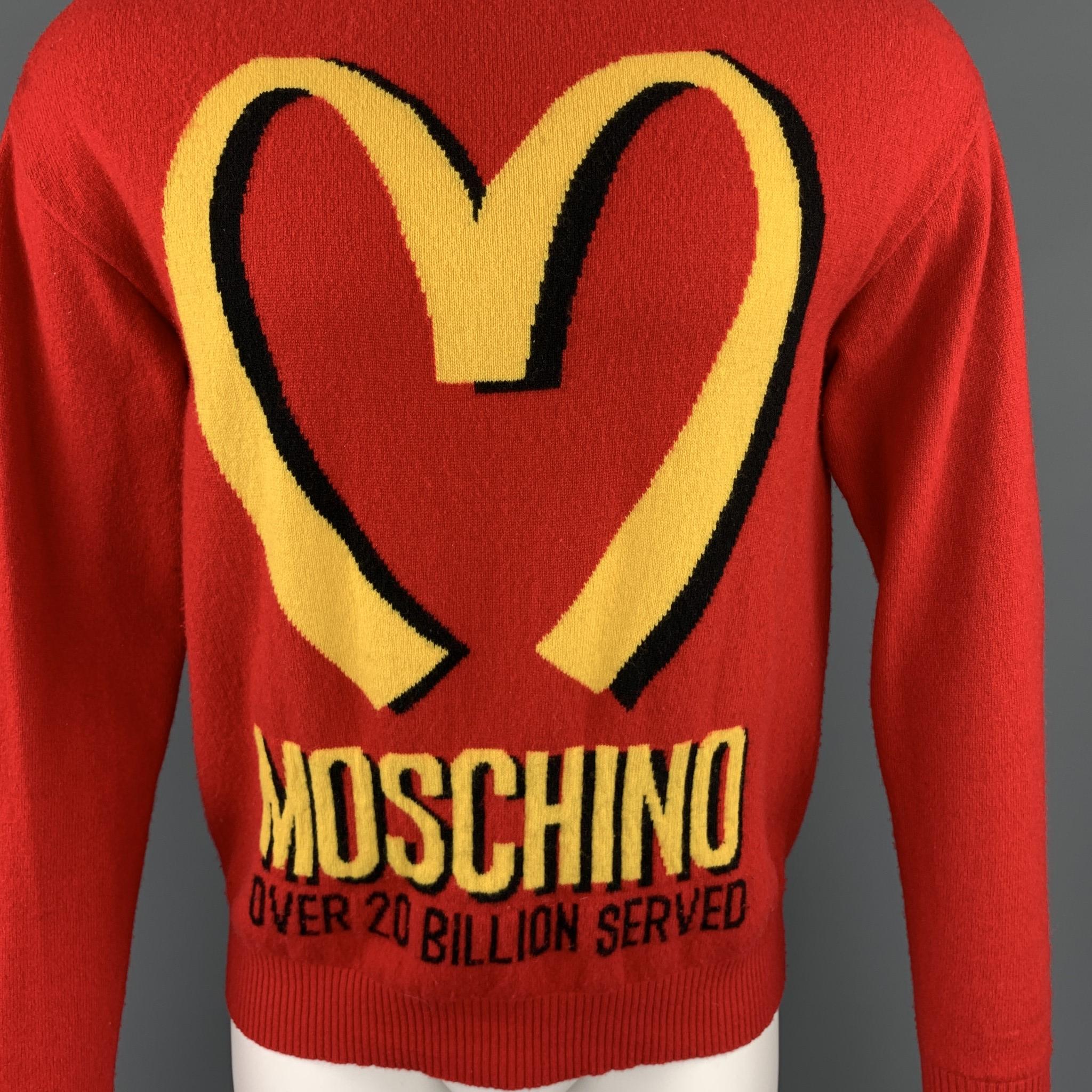 MOSCHINO COUTURE! Fall Winter 2014 Fast Food collection pullover comes in red wool cashmere knit with a yellow McDonald's inspired 