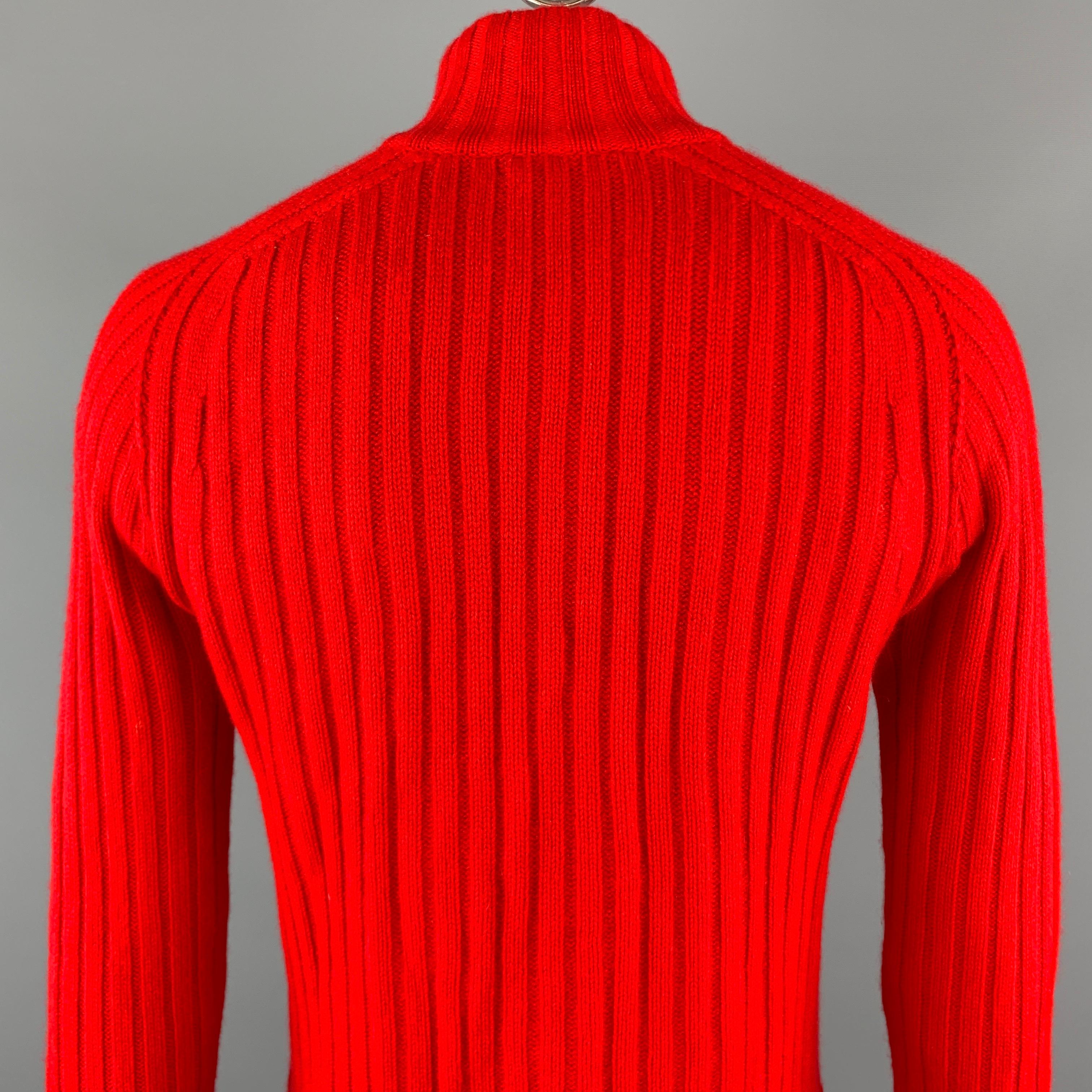 Men's MOSCHINO Size XL Red Ribbed Cashmere High Collar Slit Pockets Zip Up Pullover Sw