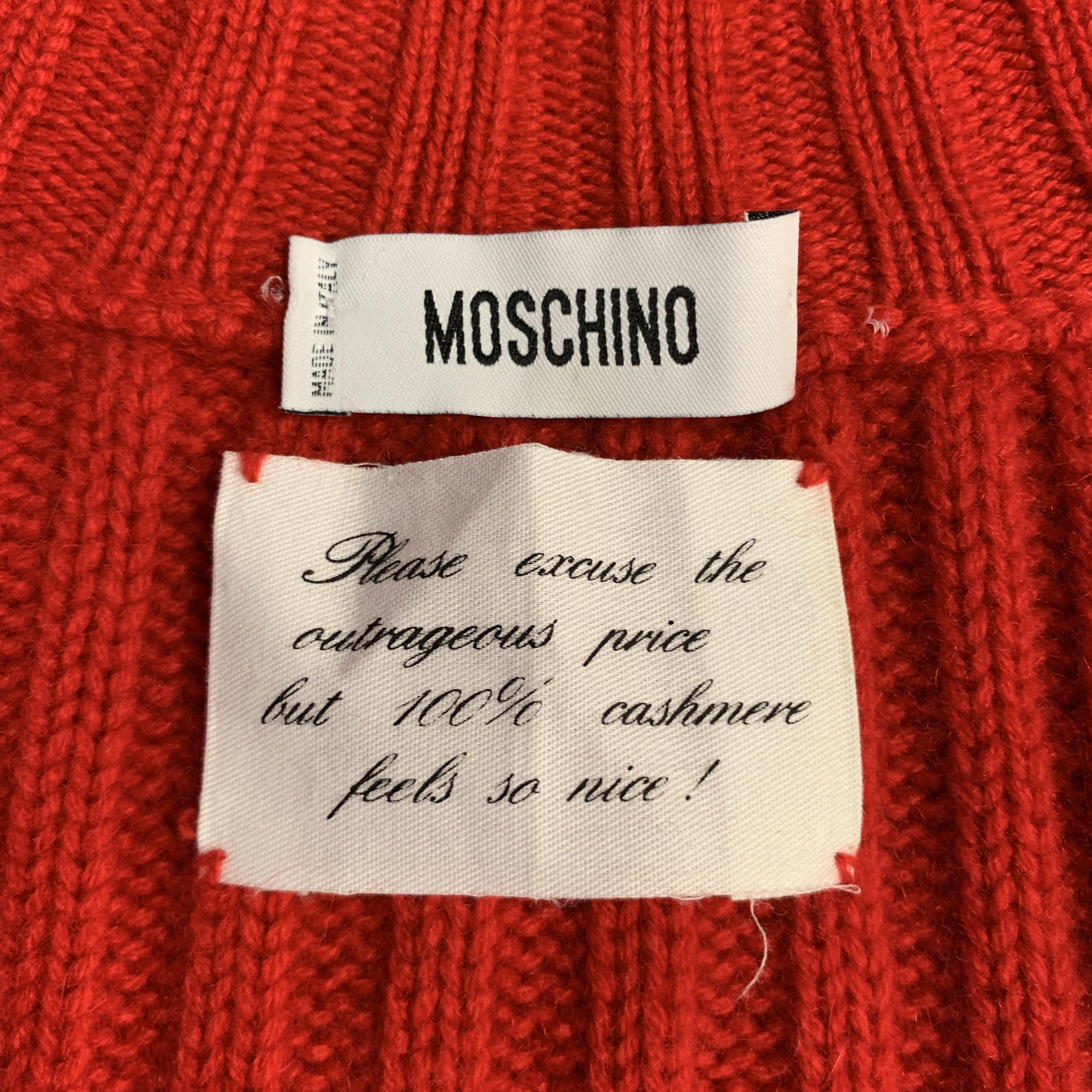MOSCHINO Size XL Red Ribbed Cashmere High Collar Slit Pockets Zip Up Pullover Sw 2