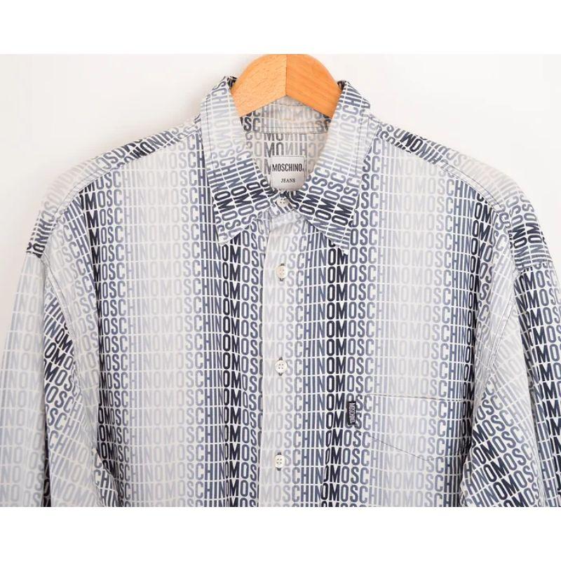 Iconic 2000's Rave era, Vintage Moschino 'Spell Out' long sleeved shirt in a black & white ombré colour way featuring repeat 'Moschino' logo pattern through out. 

We also have this highly coveted Moschino vintage shirt in other colour ways