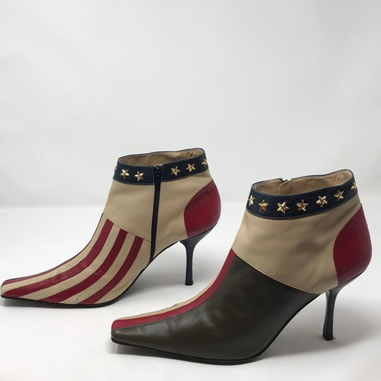 Brown Moschino Stars & Stripes Leather Ankle Boots