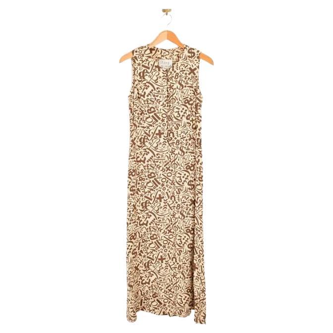 1990's Moschino 'Symbols' Cheap and Chic Maxi Dress in Beige & Brown For Sale