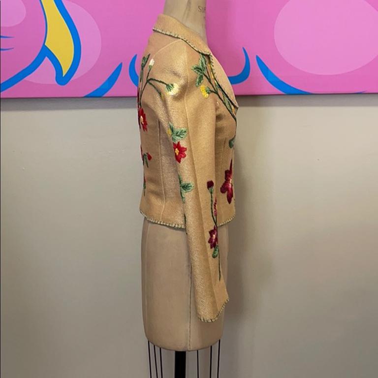 Brown Moschino Tan Woven Straw Blazer Floral For Sale