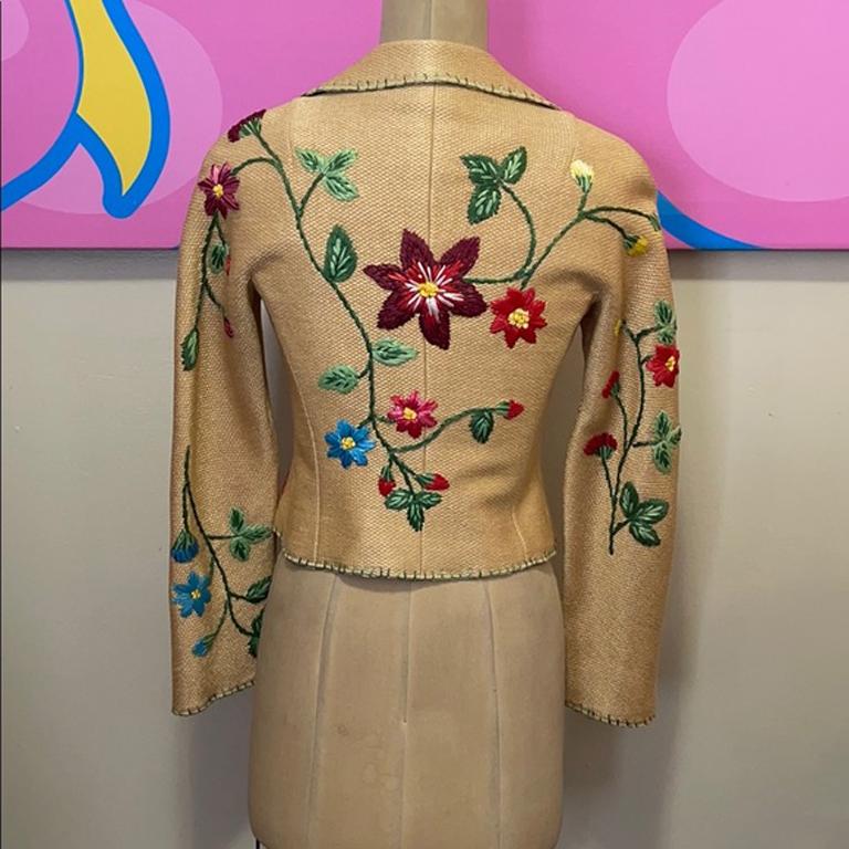 Moschino Tan Woven Straw Blazer Floral In Excellent Condition For Sale In Los Angeles, CA