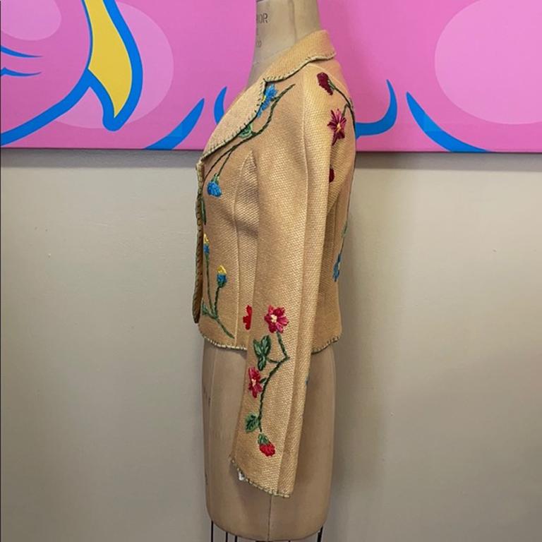 Moschino Tan Woven Straw Blazer Floral For Sale 3