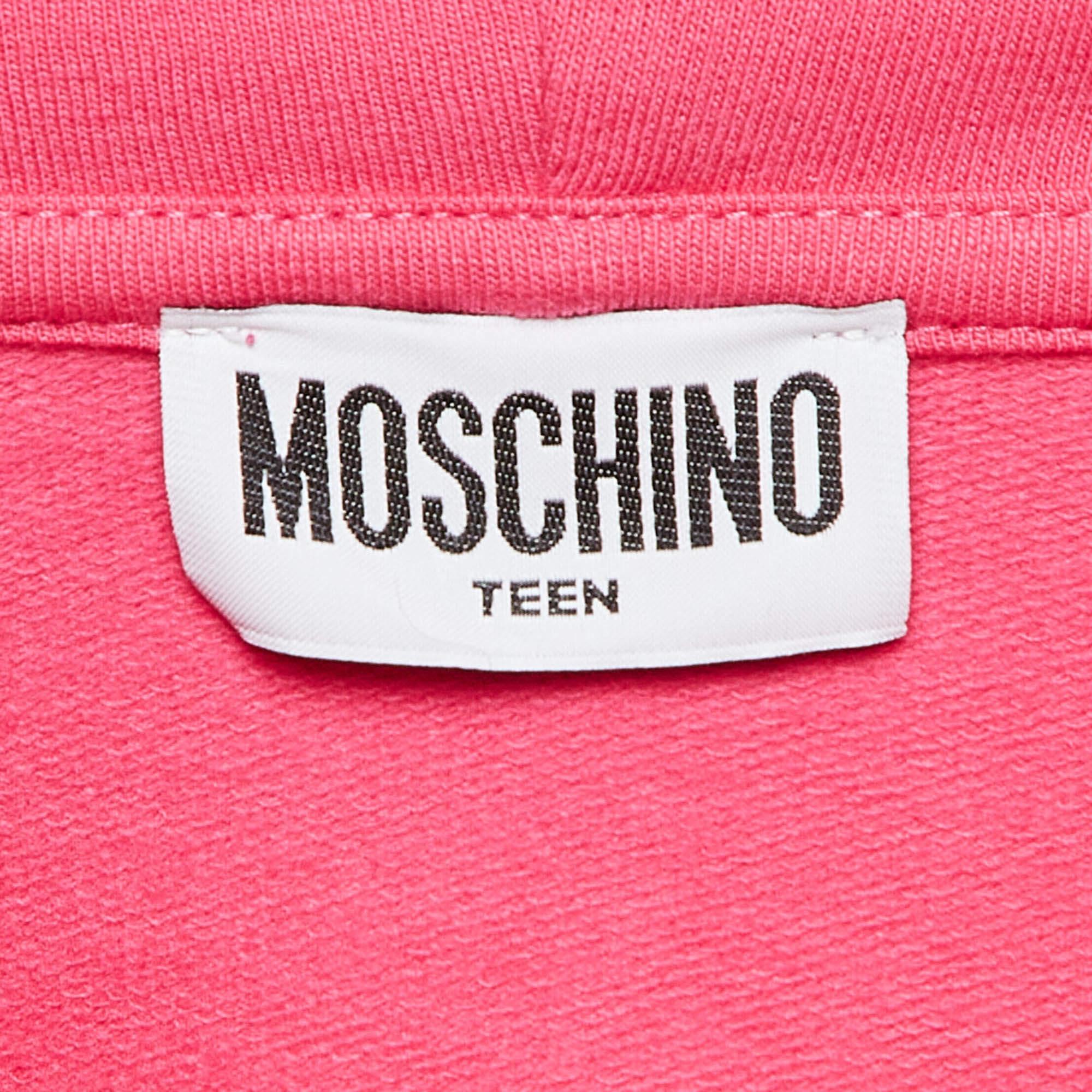 Robe à capuche Moschino rose teddy imprimé en coton 12 Y Excellent état - En vente à Dubai, Al Qouz 2