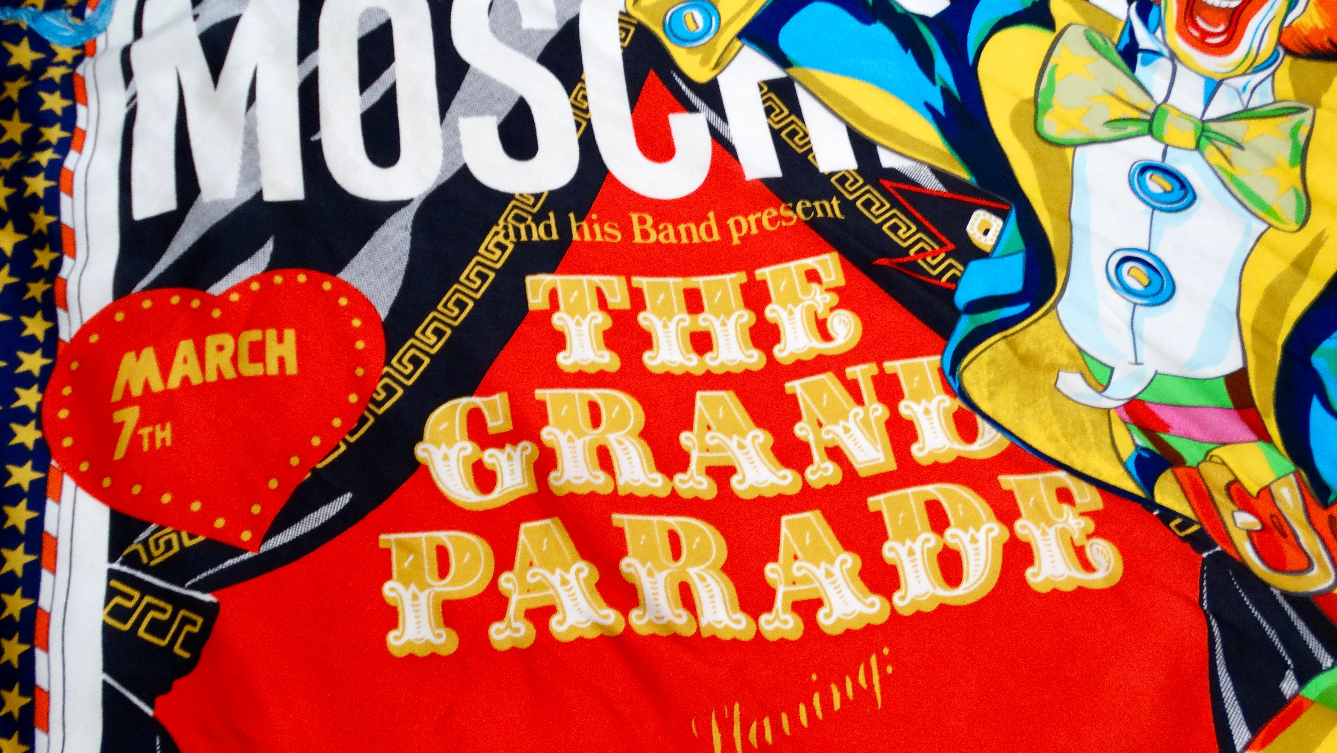 Beige Moschino The Grand Parade Colorful Circus Print Silk Scarf For Sale