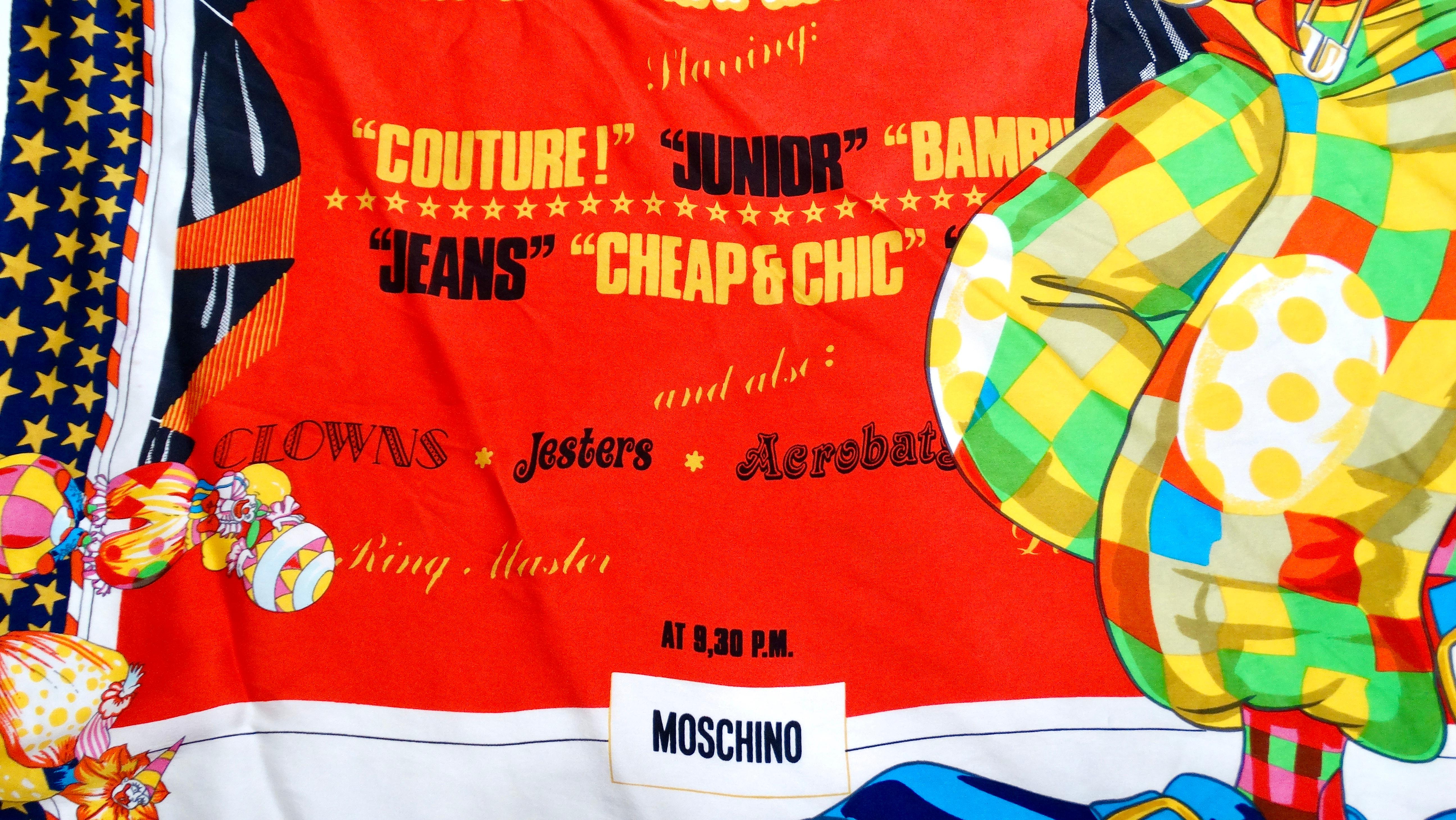 Moschino The Grand Parade Colorful Circus Print Silk Scarf In Good Condition For Sale In Scottsdale, AZ