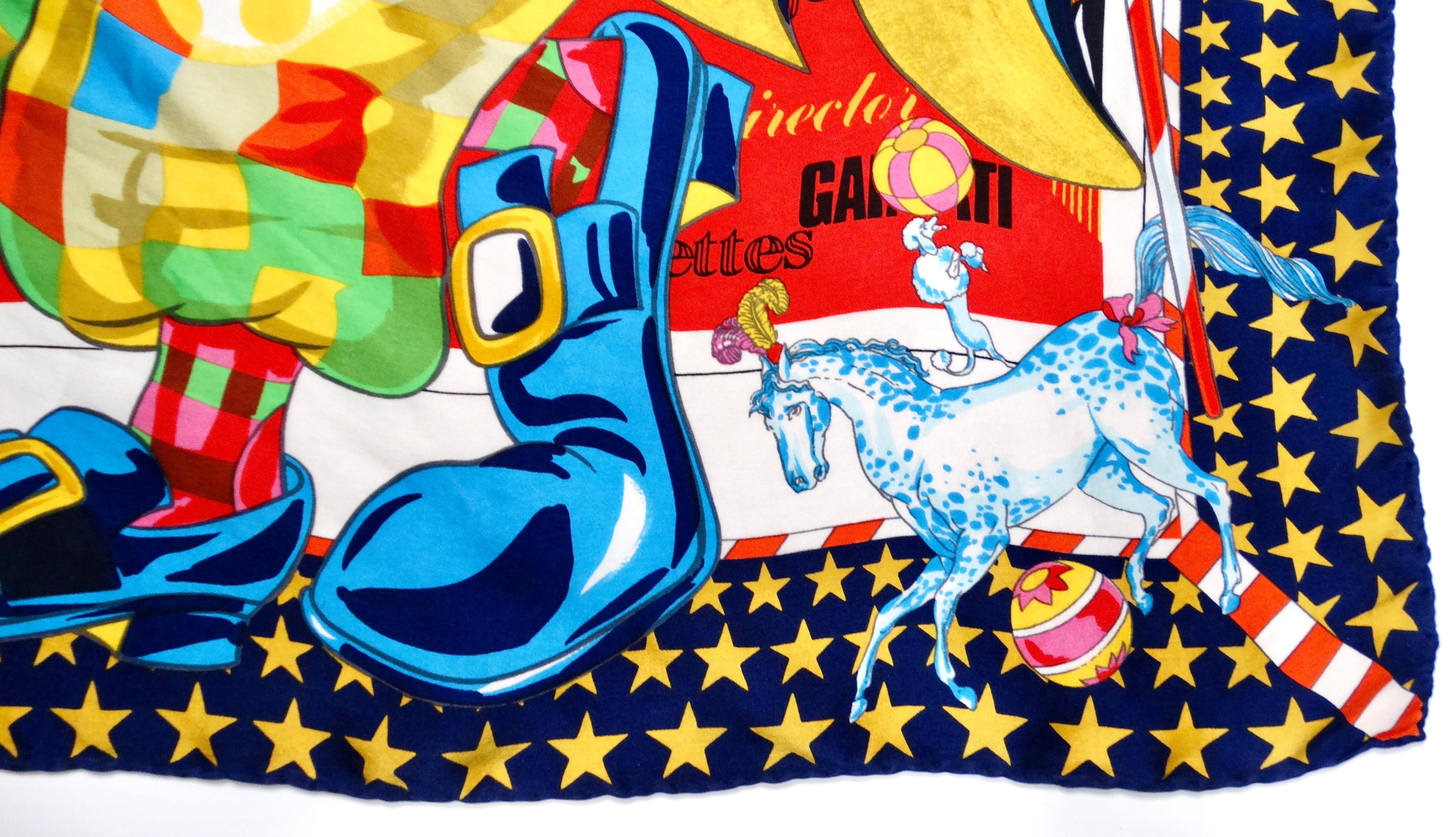 Women's or Men's Moschino The Grand Parade Colorful Circus Print Silk Scarf For Sale
