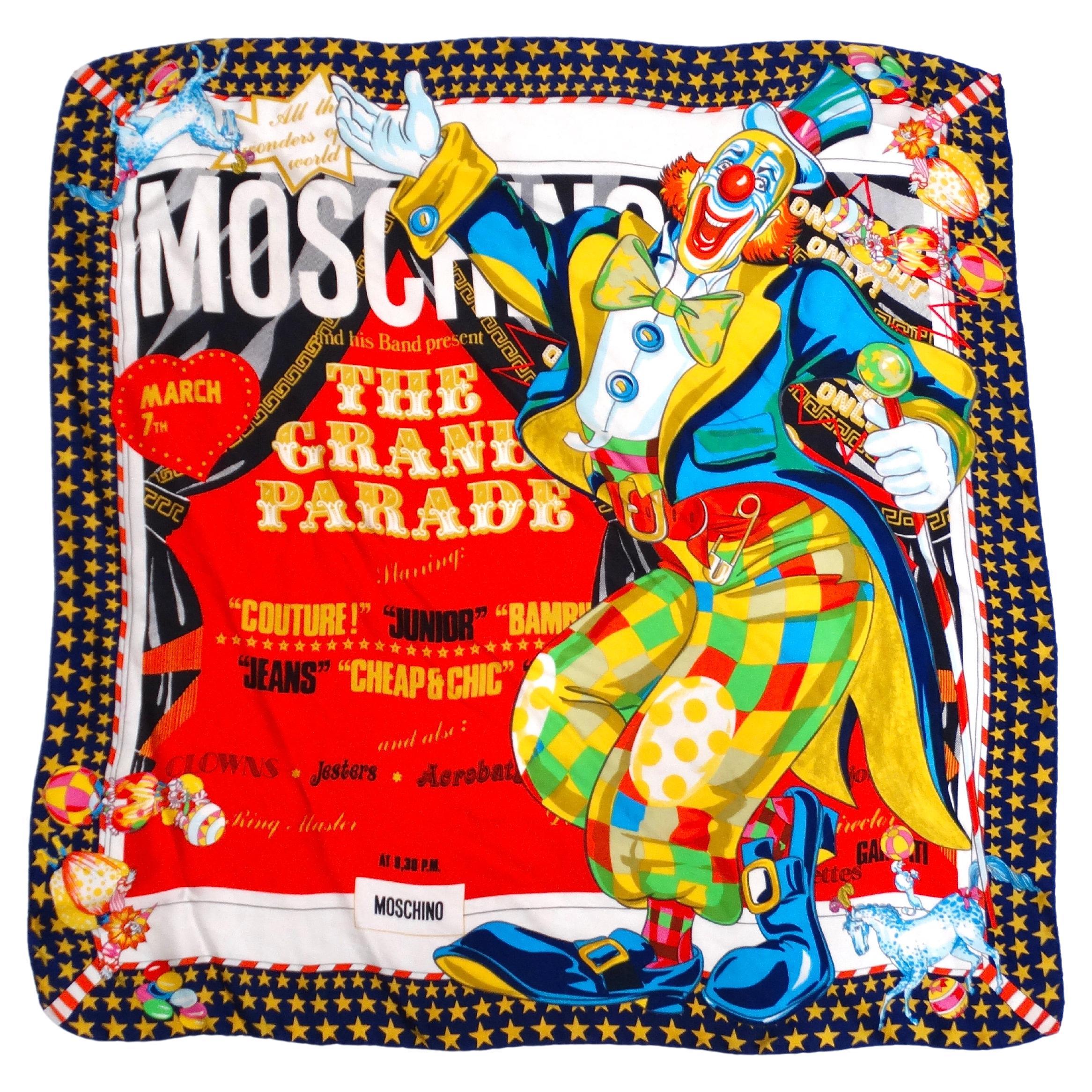 Moschino The Grand Parade Colorful Circus Print Silk Scarf For Sale