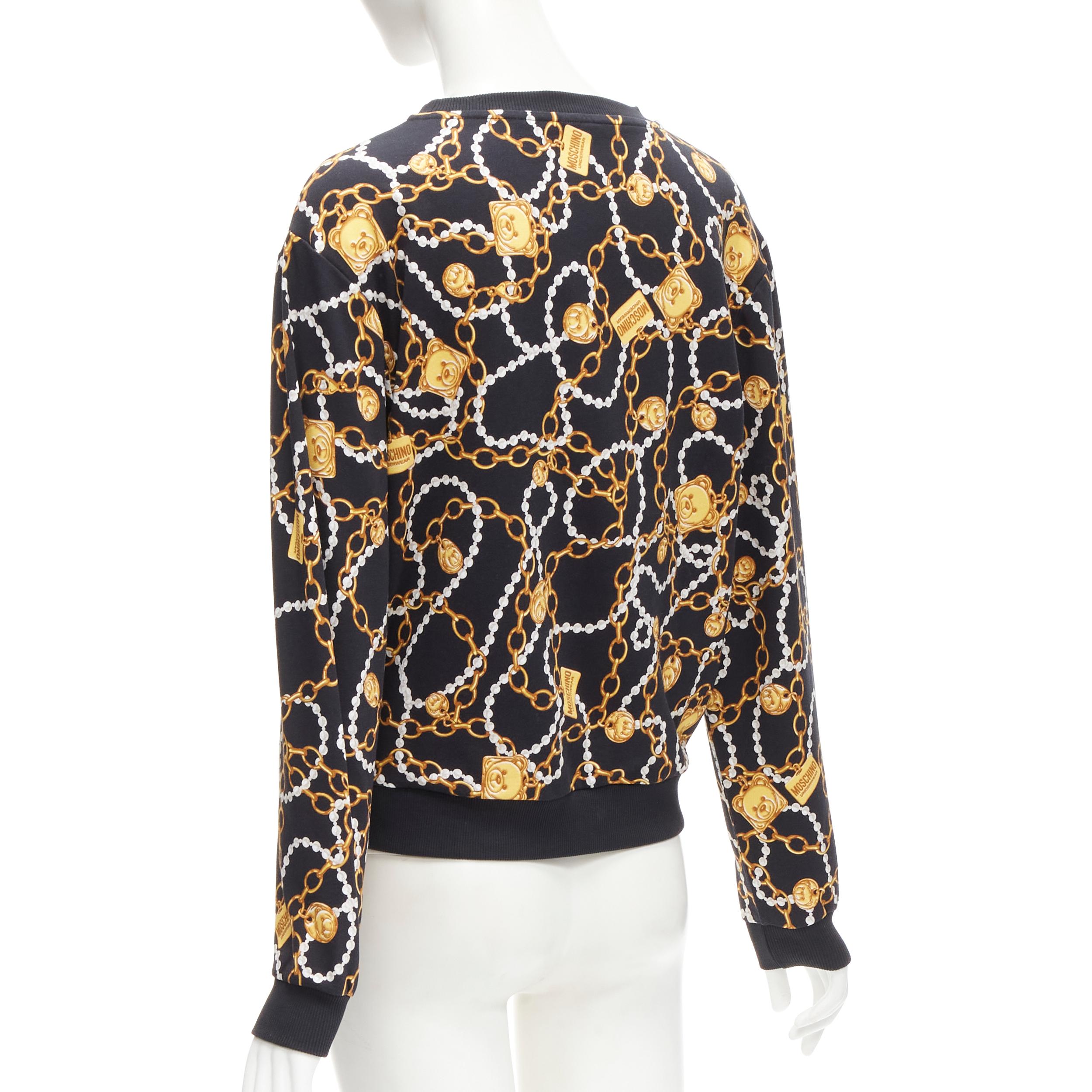 MOSCHINO UNDERWEAR black gold teddy bear chain pearl print sweatshirt S For Sale 1