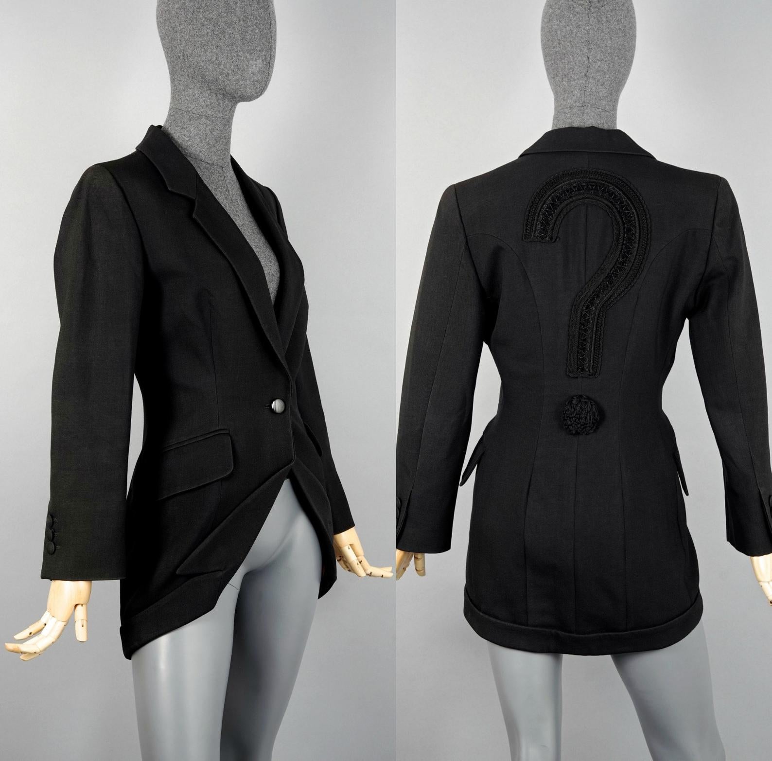 Vintage MOSCHINO COUTURE Upside Down Collar Passementerie Pompom Question Mark Blazer Jacket

Measurements taken laid flat, please double bust and waist:
Shoulder: 16.53 inches (42 cms)
Sleeves: 23.22 inches (59 cms)
Bust: 17.71 inches (45