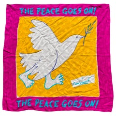 Moschino Vintage 1980s The Peace Goes On Pink Silk Dove Olive Branch Scarf