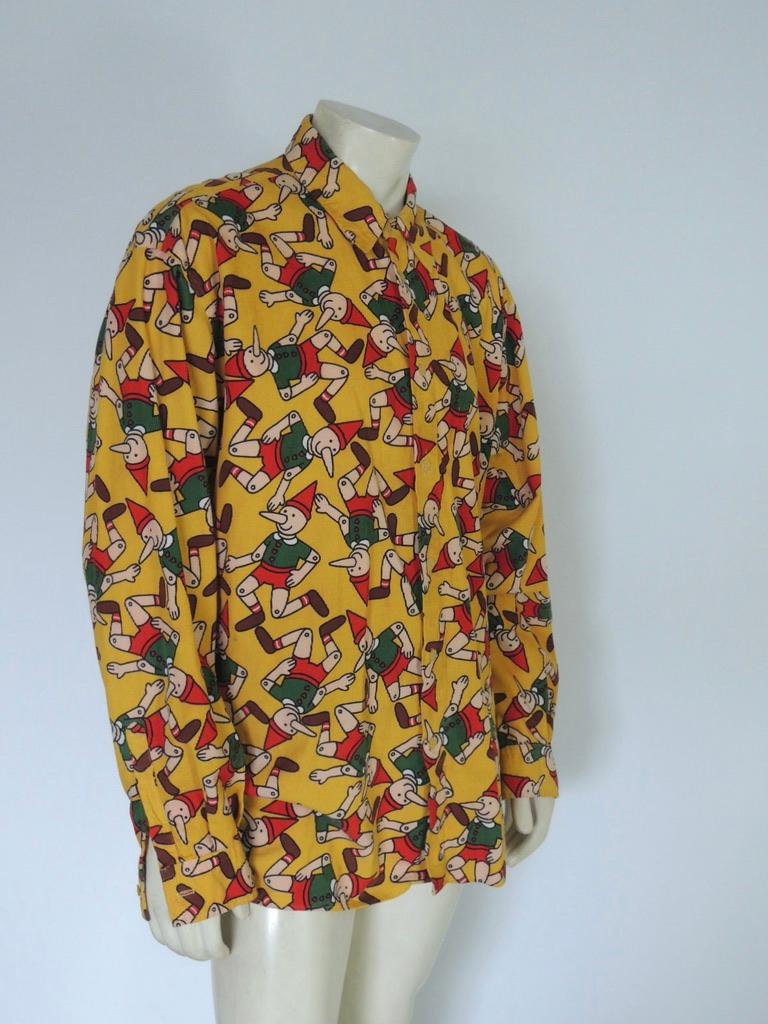 Brown Moschino Vintage 1990s Cotton Pinnochio Print Corduroy Shirt For Sale
