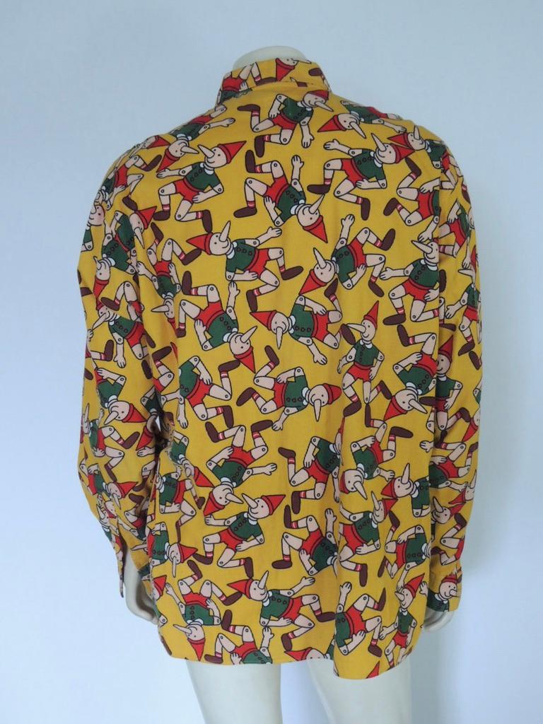 Moschino Vintage 1990s Cotton Pinnochio Print Corduroy Shirt In Fair Condition For Sale In Oakland, CA
