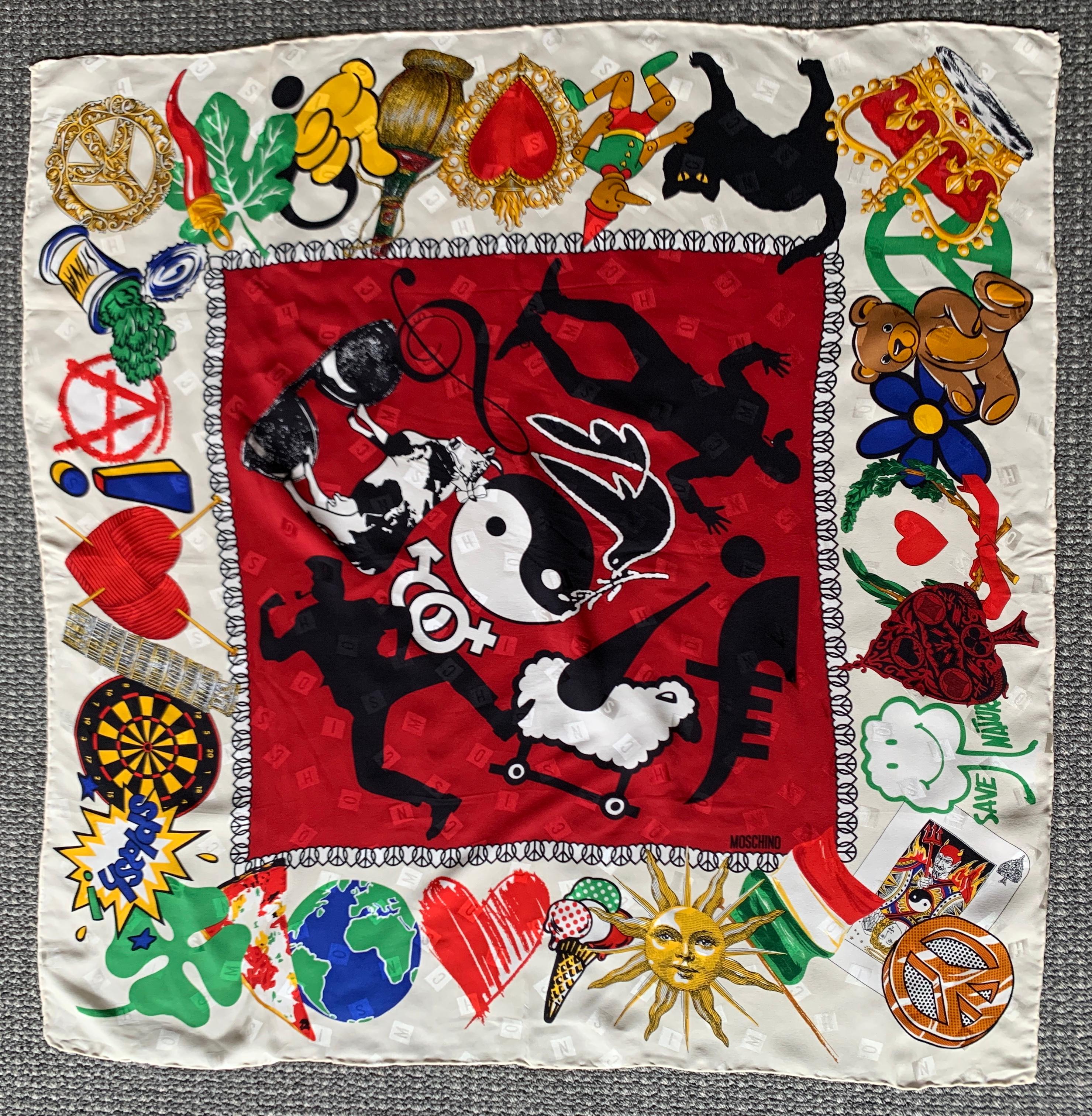 Vintage Moschino silk scarf featuring a collection of signature Moschino icons, inducing pizza, gelato, peace signs, anarchy symbols, trees, a teddy bear, and more . Weave features blocks spelling M-O-S-C-H-I-N-O throughout. Signed Moschino at