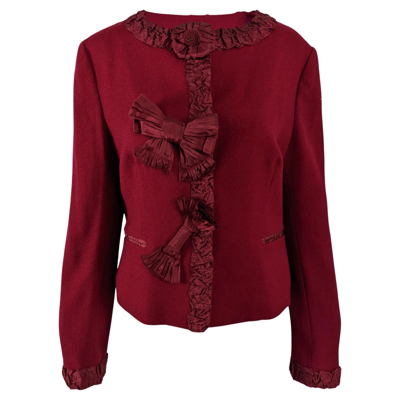 Moschino Vintage 90s Wine Red Wool Crepe Pleated Taffeta Boxy Fit Blazer Jacket