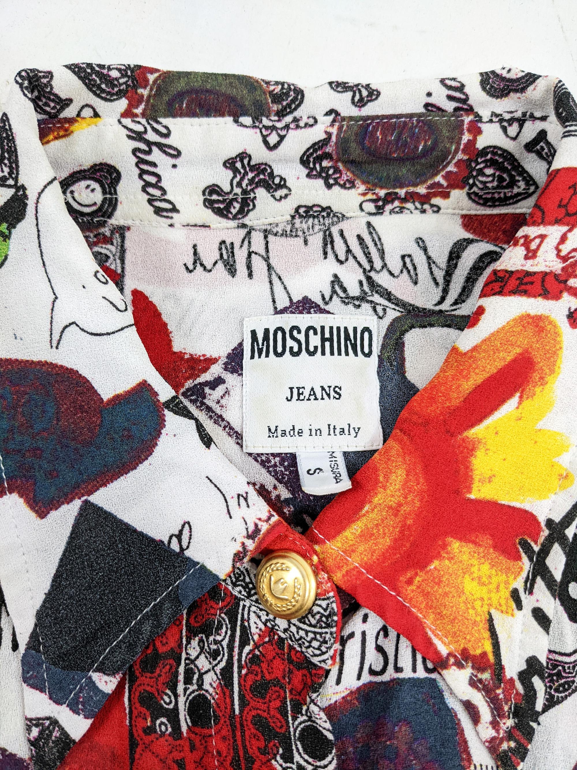 Moschino Vintage All Over Print White Patterned Womens Blouse Shirt, 1990s 3