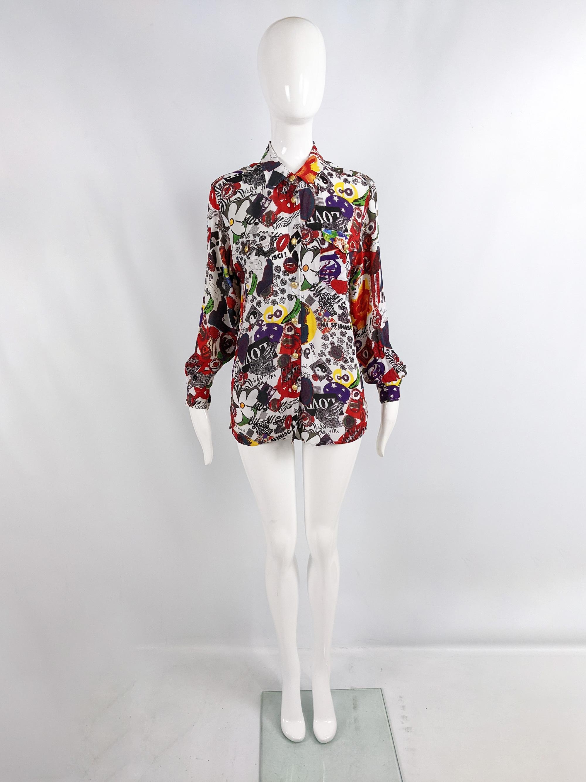 An amazing and rare vintage womens Moschino shirt from the 90s. Made in Italy, from a white crepe with an insane, vibrant print throughout featuring pretty much all of Franco Moschino's signature symbols (cows, happy faces, Olive Oyl, peace signs