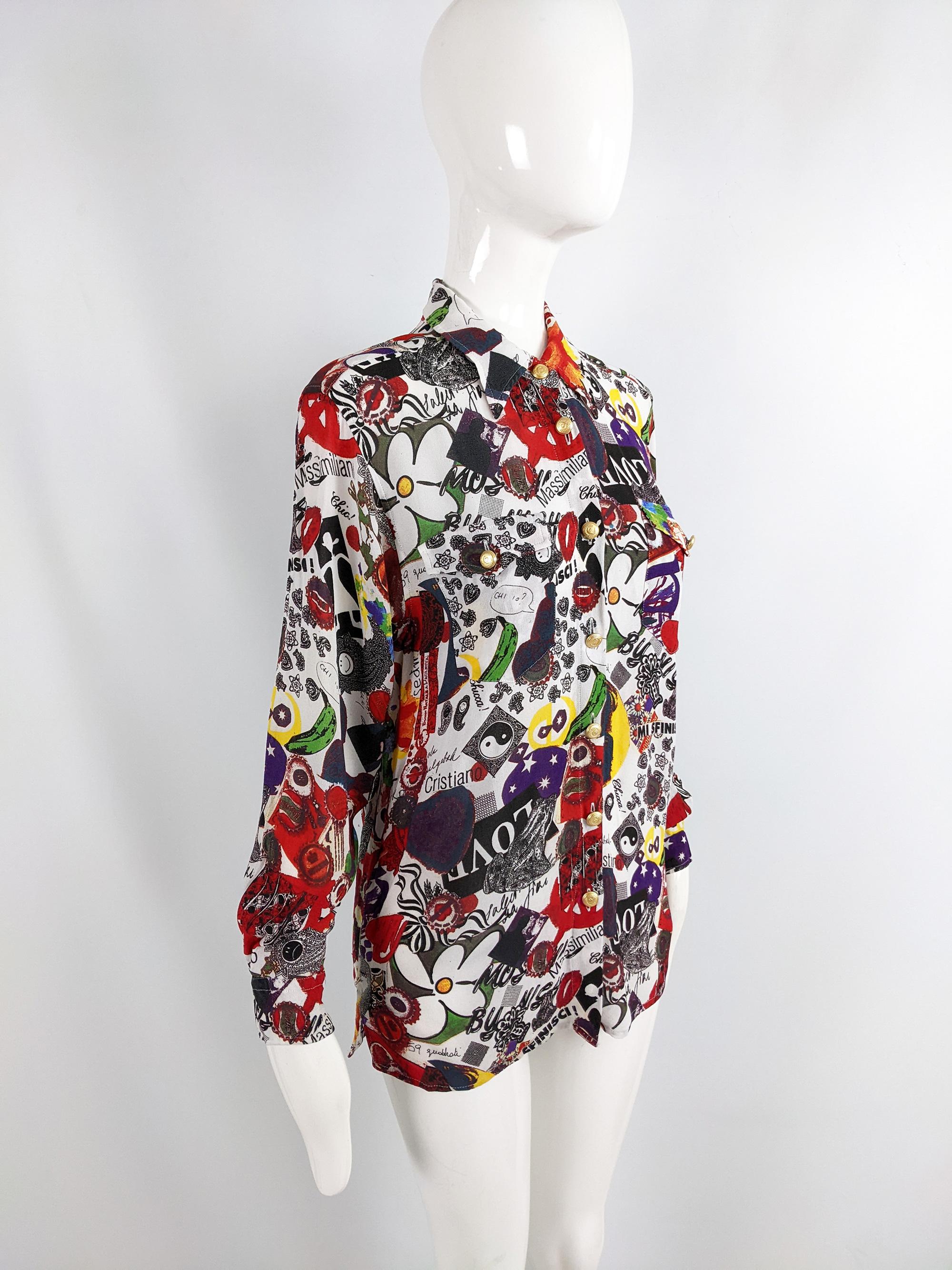 Black Moschino Vintage All Over Print White Patterned Womens Blouse Shirt, 1990s