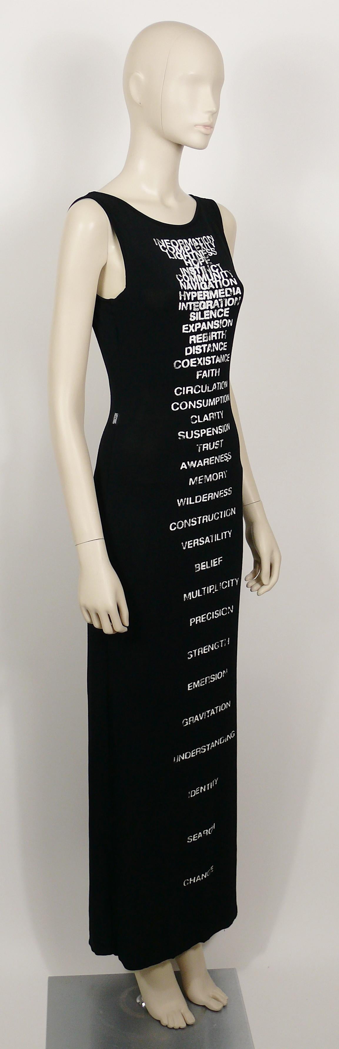 MOSCHINO vintage black maxi tank dress with all over text.

This dress features :
- Black hugging synthetic with spandex material.
- White print distressed lettering with words 