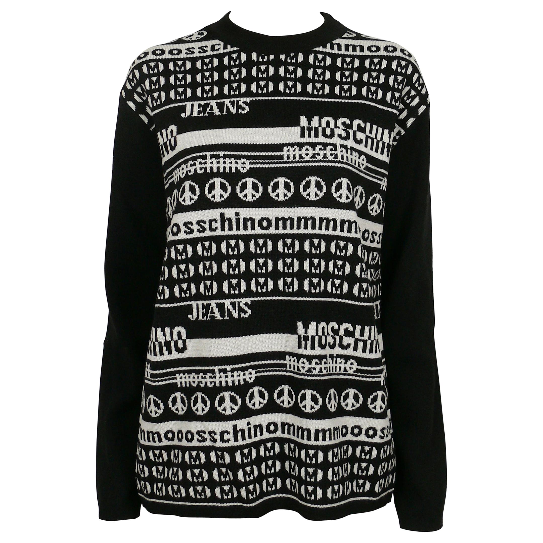 Moschino Vintage Black and White Computer Screen Wool Light Sweater Size L For Sale