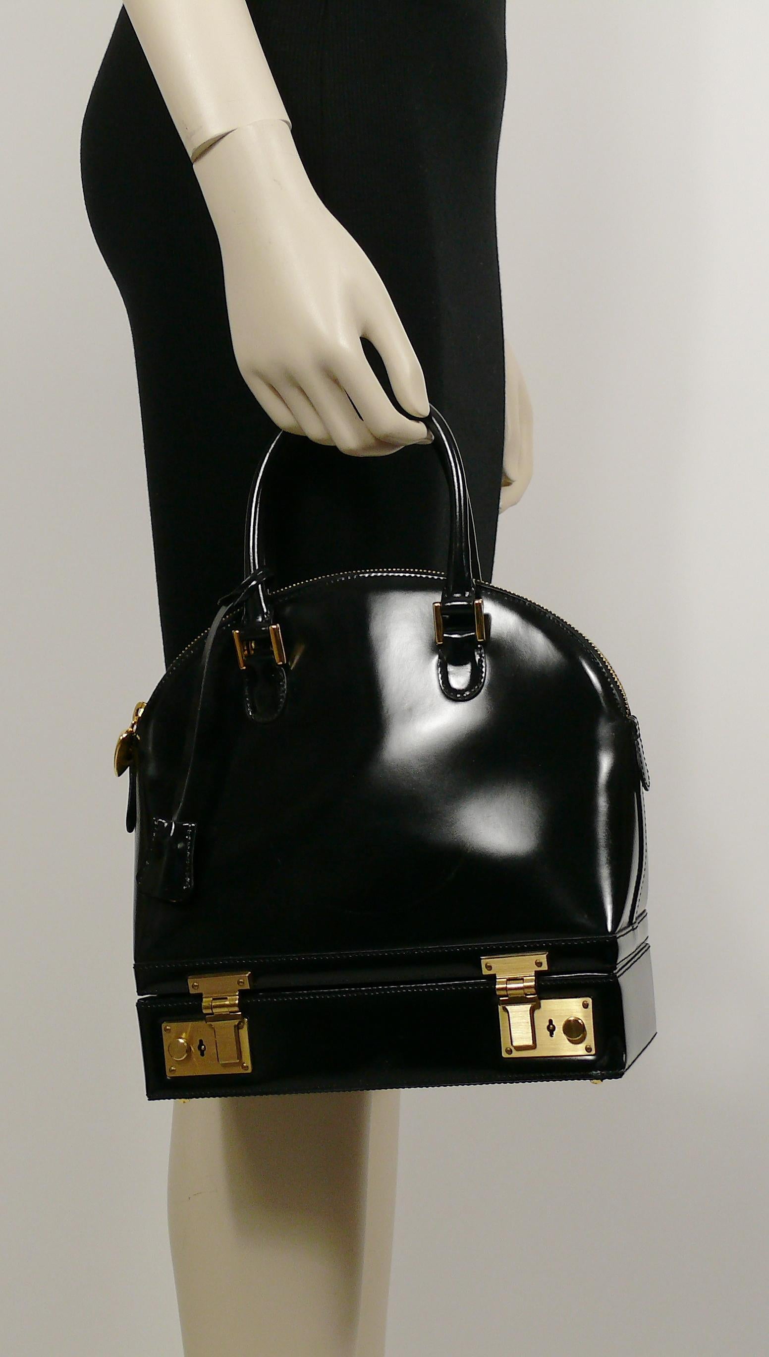 Women's Moschino Vintage Black Patent Leather Sac Mallette Top Handle Bag