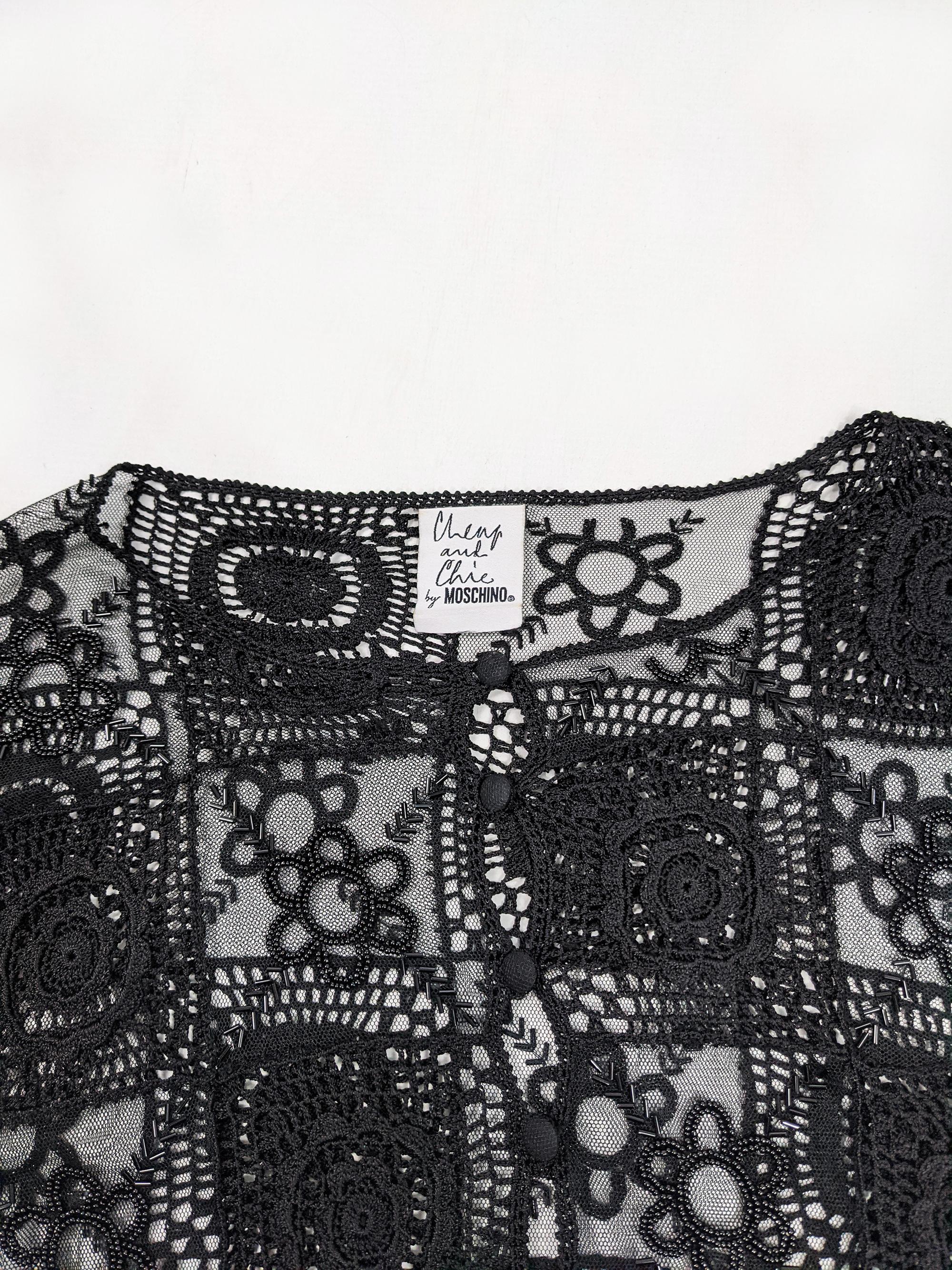 Women's Moschino Vintage Black Sheer Beaded Crochet Mesh Cardigan Jacket