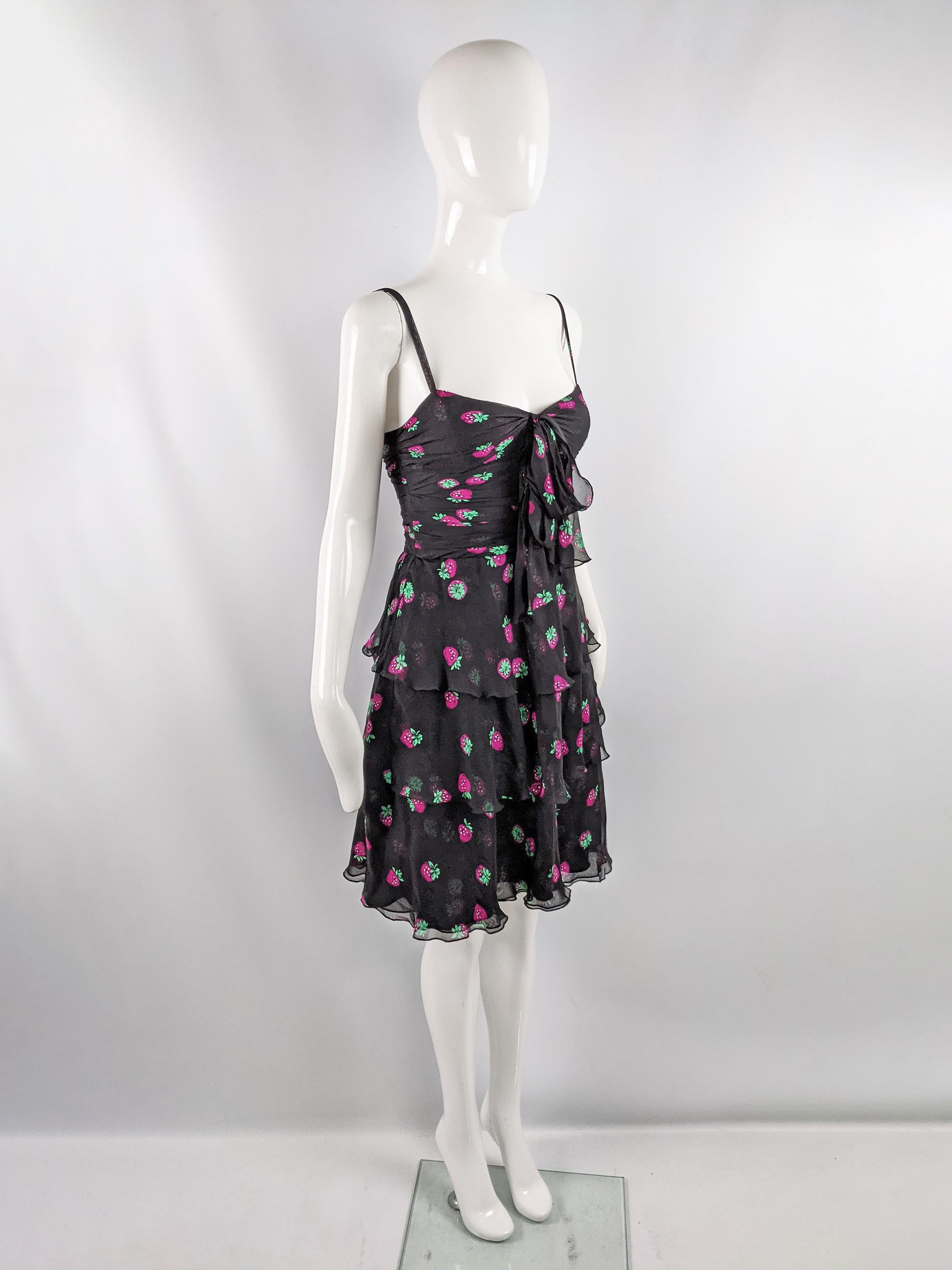 Moschino Vintage Black Silk Chiffon Strawberry Print Ruffle Party Dress, 1990s In Excellent Condition In Doncaster, South Yorkshire