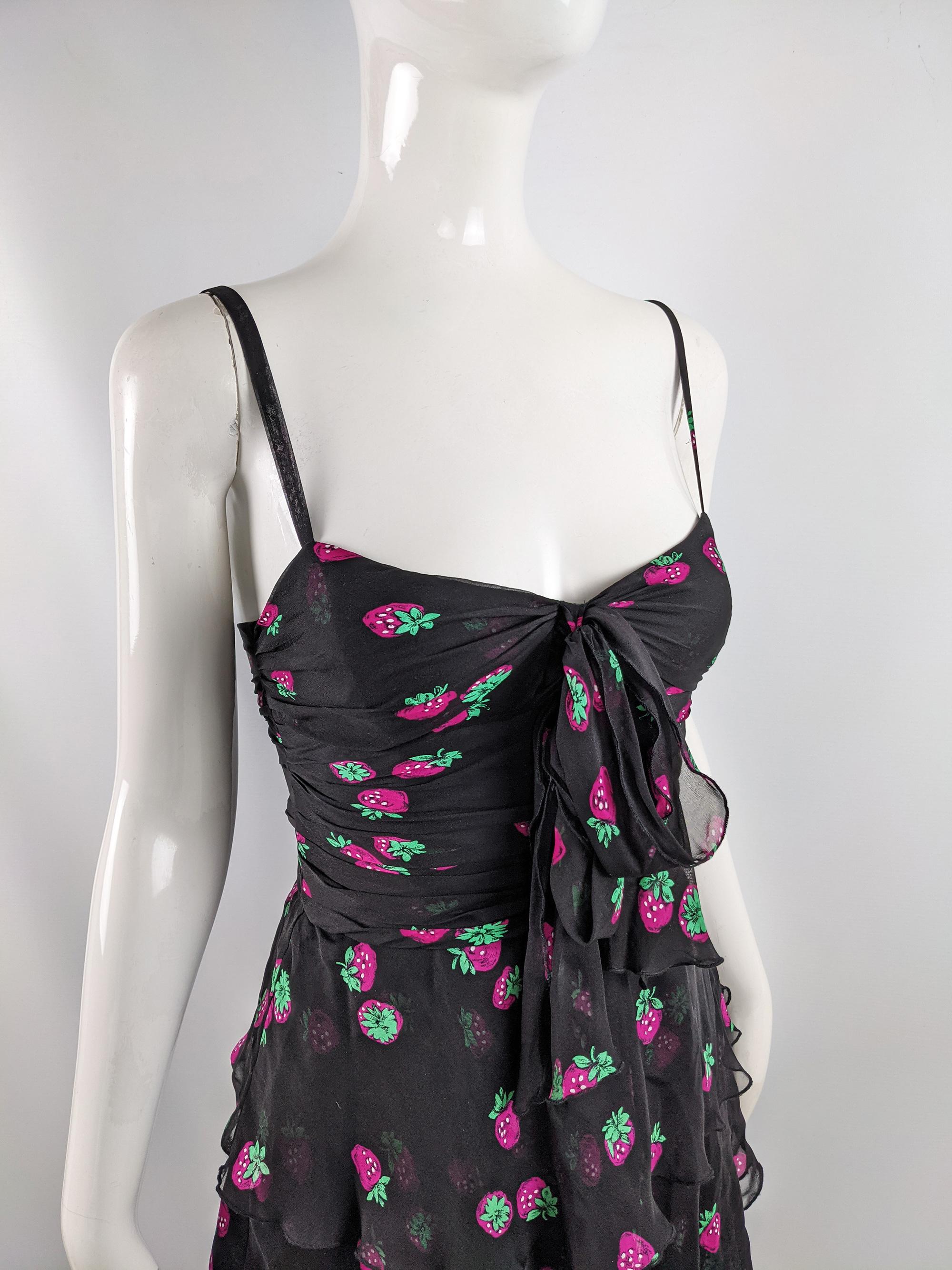 Women's Moschino Vintage Black Silk Chiffon Strawberry Print Ruffle Party Dress, 1990s