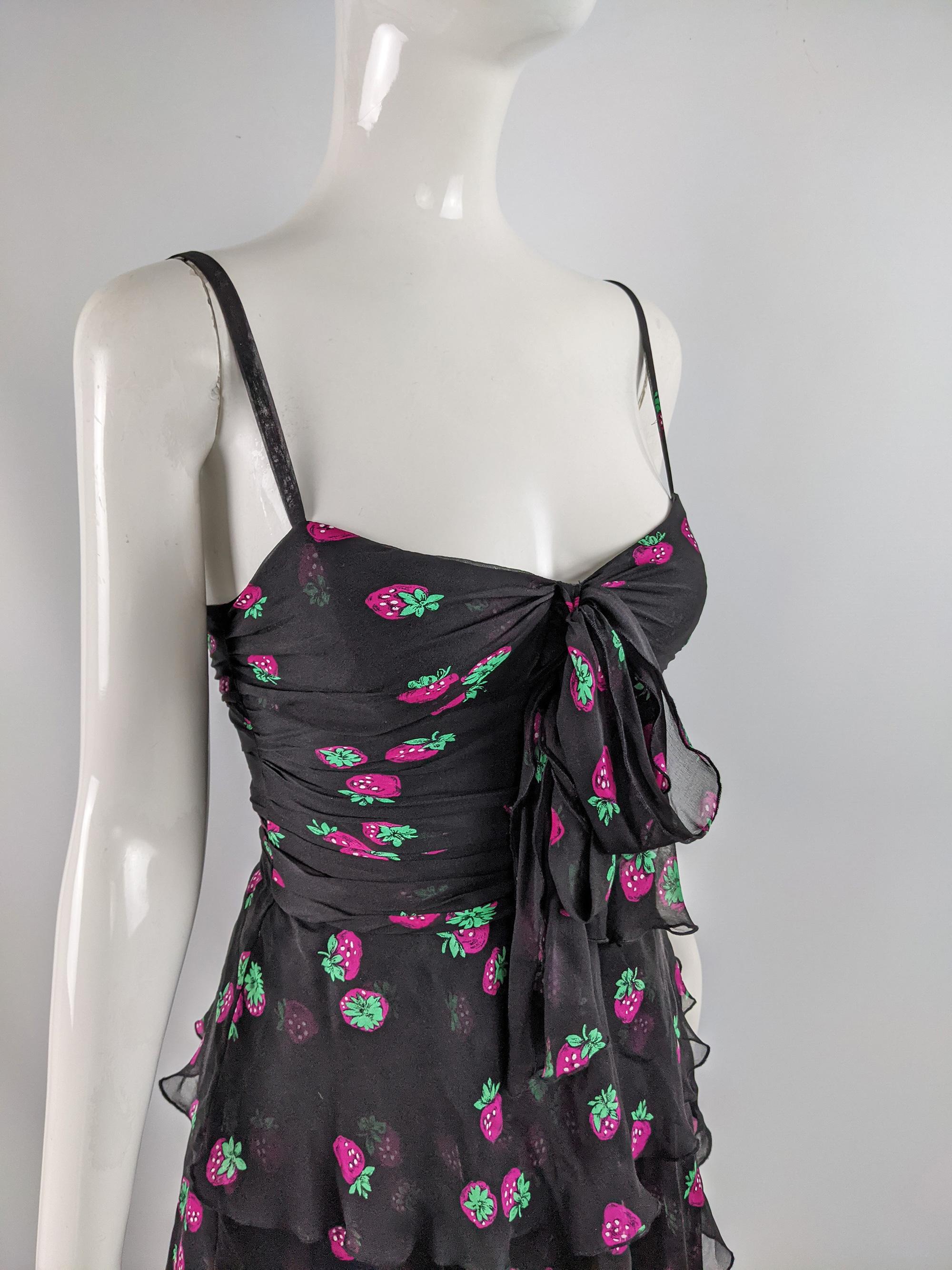 Moschino Vintage Black Silk Chiffon Strawberry Print Ruffle Party Dress, 1990s 1