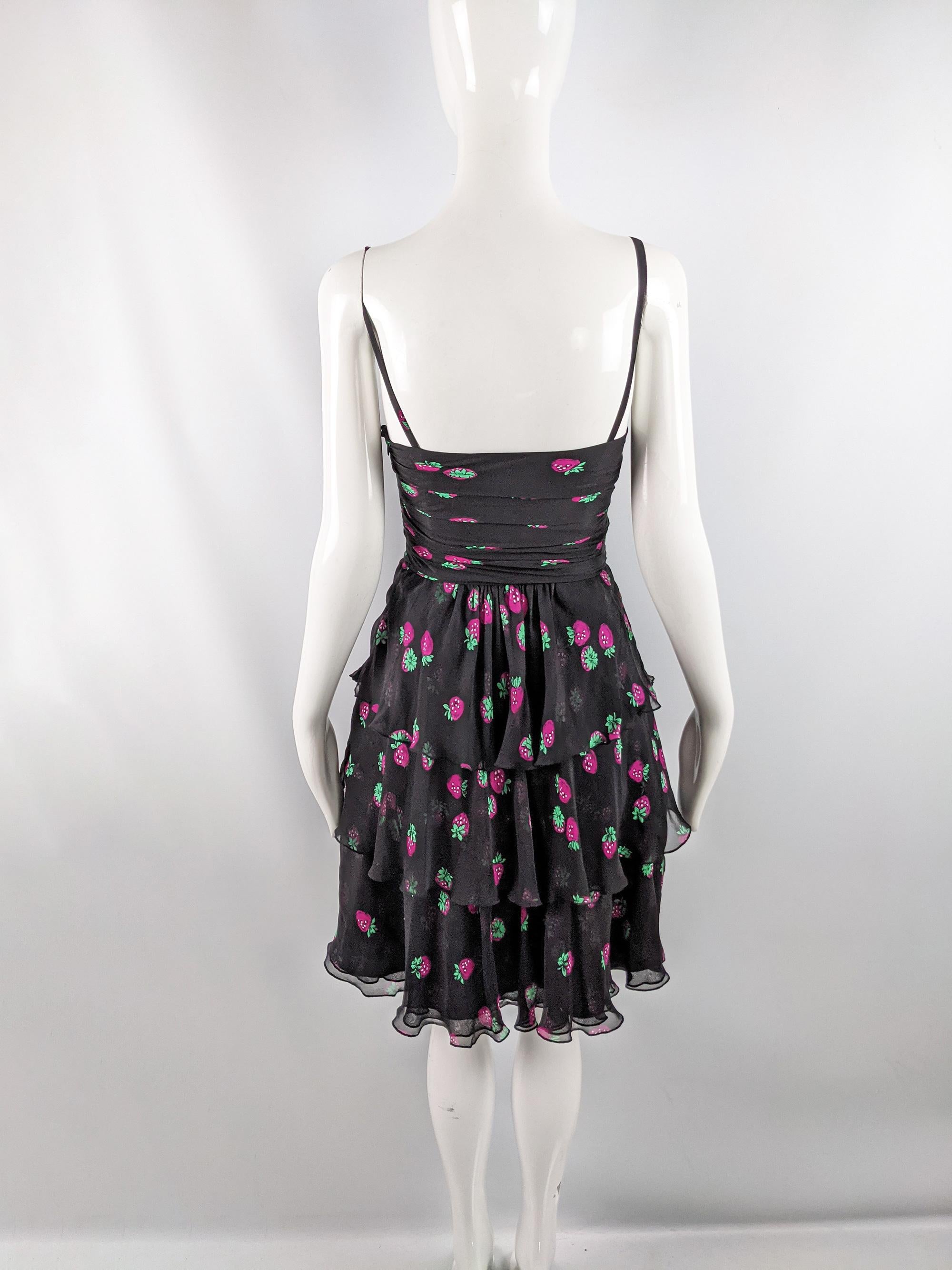 Moschino Vintage Black Silk Chiffon Strawberry Print Ruffle Party Dress, 1990s 2