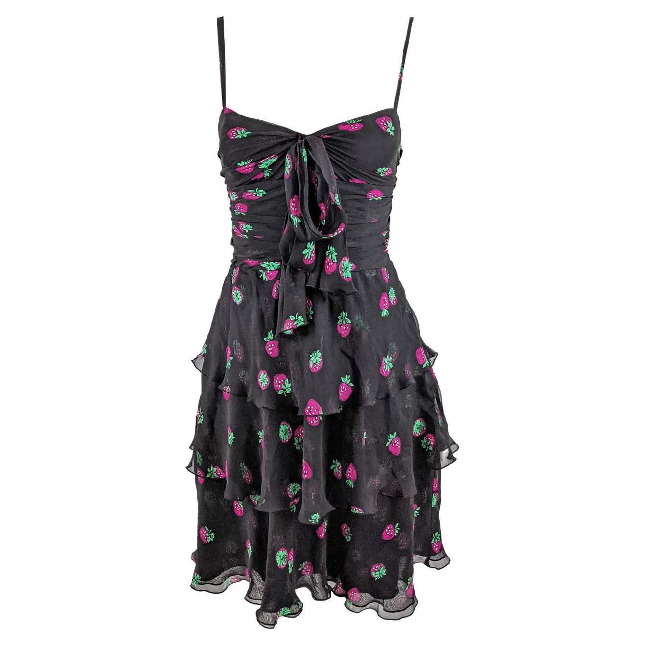 Moschino Vintage Black Silk Chiffon Strawberry Print Ruffle Party Dress ...