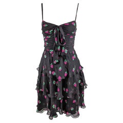 Moschino Vintage Black Silk Chiffon Strawberry Print Ruffle Party Dress, 1990s