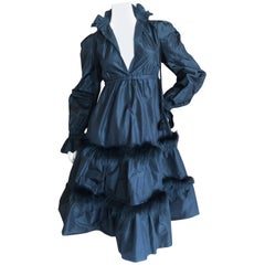 Moschino Vintage Black Silk Taffeta Empire Ball Dress with Fur Trim Sz 8