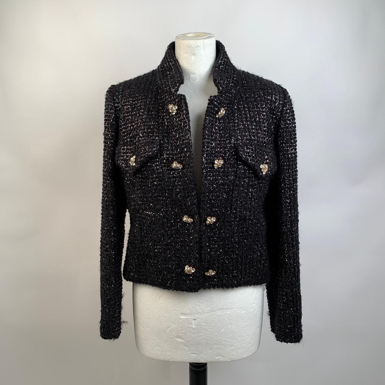 Moschino Vintage Black Tweed Jacket with Jeweled Buttons Size 44 In Excellent Condition In Rome, Rome