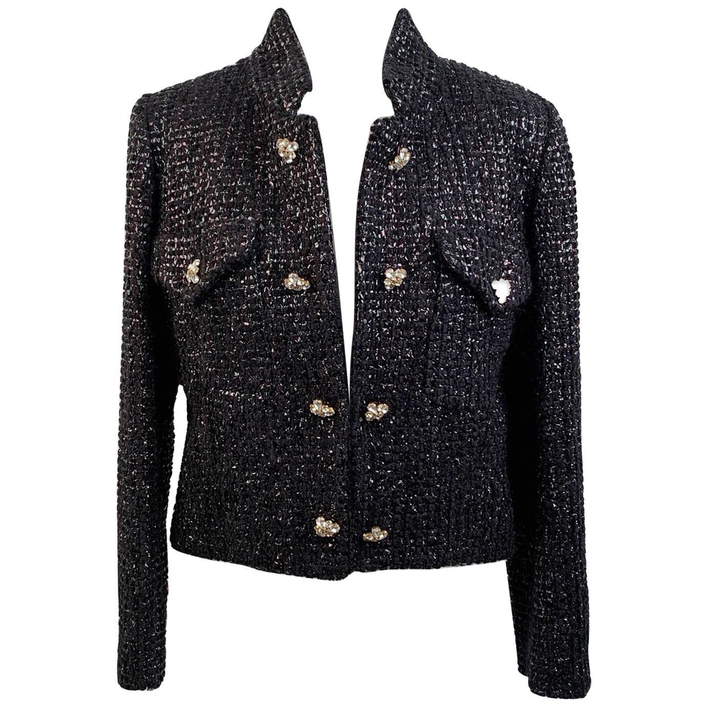 Moschino Vintage Black Tweed Jacket with Jeweled Buttons Size 44