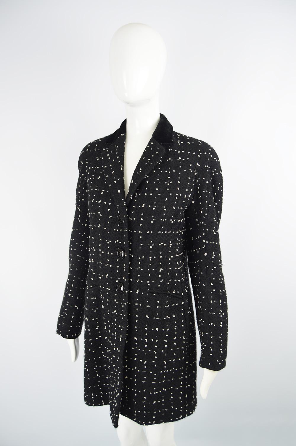 Moschino Vintage Black & White Bouclé Cashmere Tweed Coat, 1990s 2