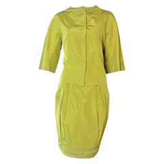 Moschino Vintage Chartreuse Green Silk Skirt Suit Set, 1990s