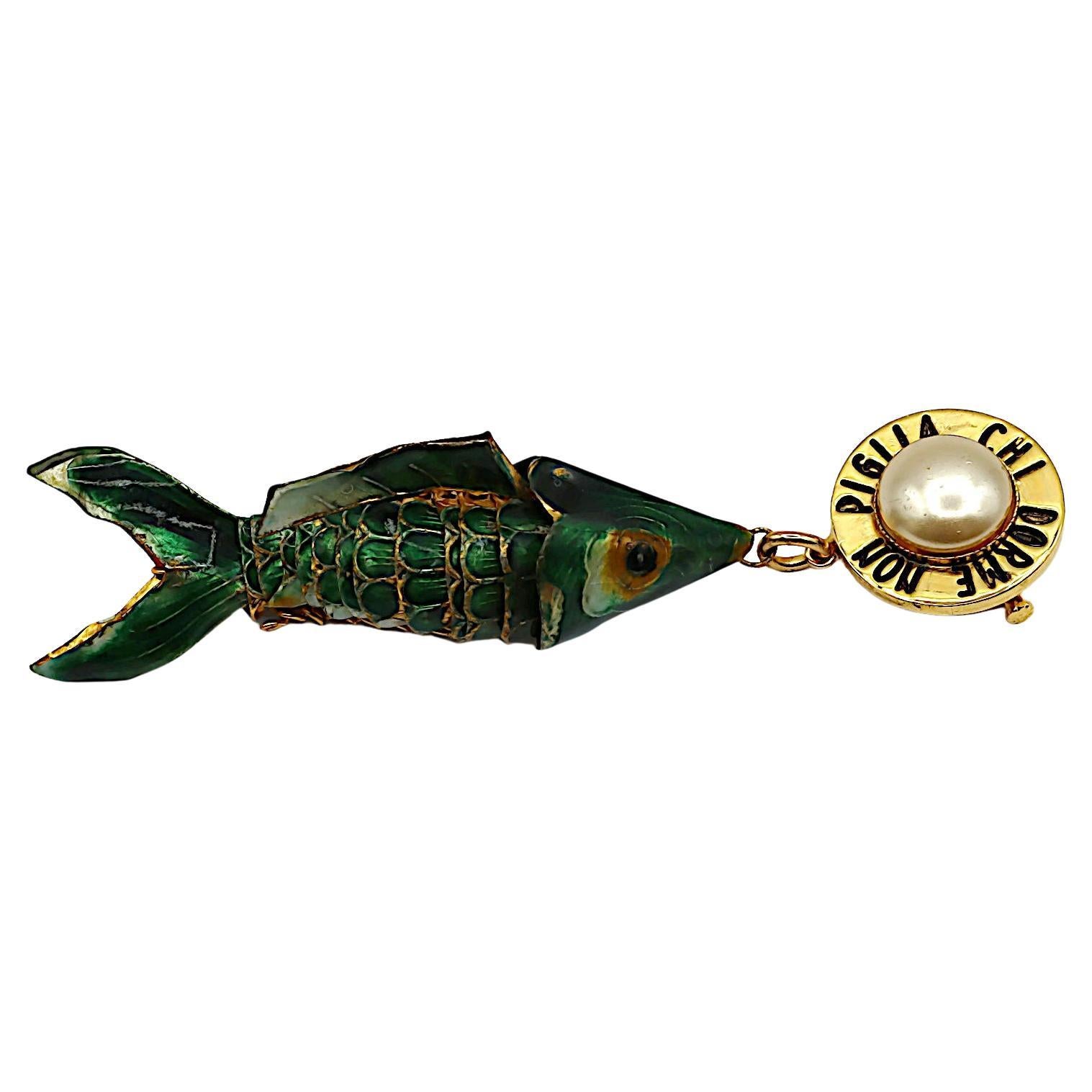 MOSCHINO Vintage Chi Dorme Non Piglia Articulated Fish Dangling Brooch For Sale at 1stDibs