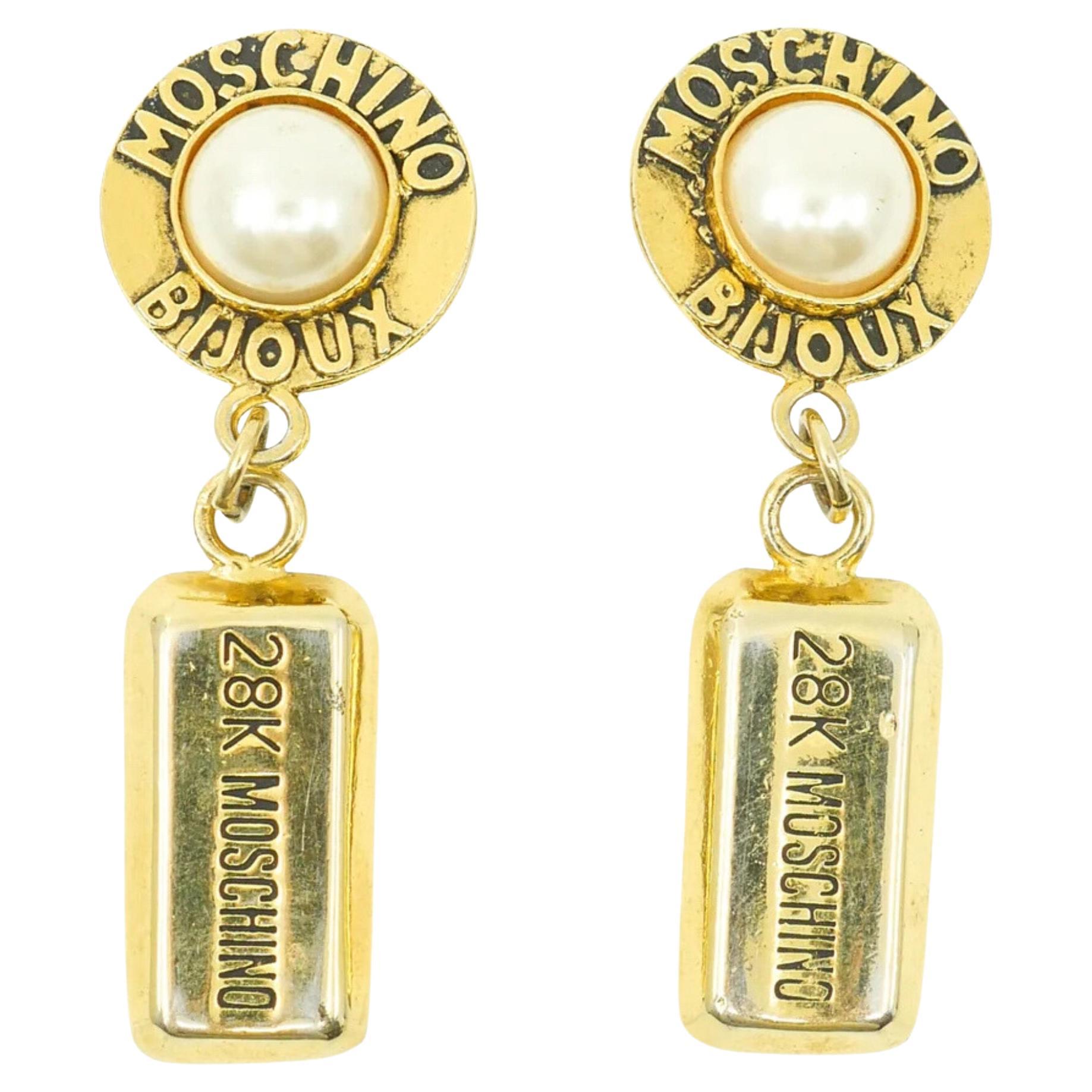 Moschino Vintage Chunky Gold Brick Pearl Earrings