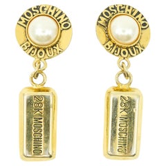 Moschino Retro Chunky Gold Brick Pearl Earrings