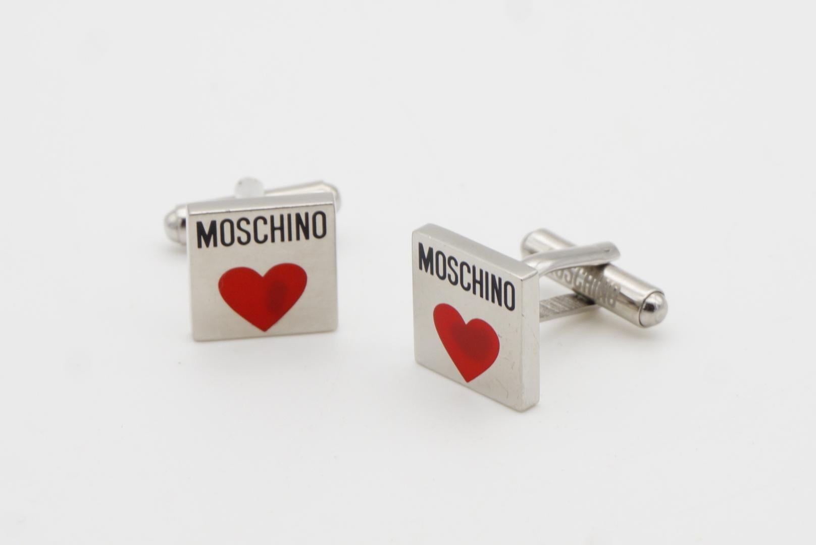 Moschino Vintage Classic Hallmark Logo Monogram Red Heart Love Square Cufflinks For Sale 1