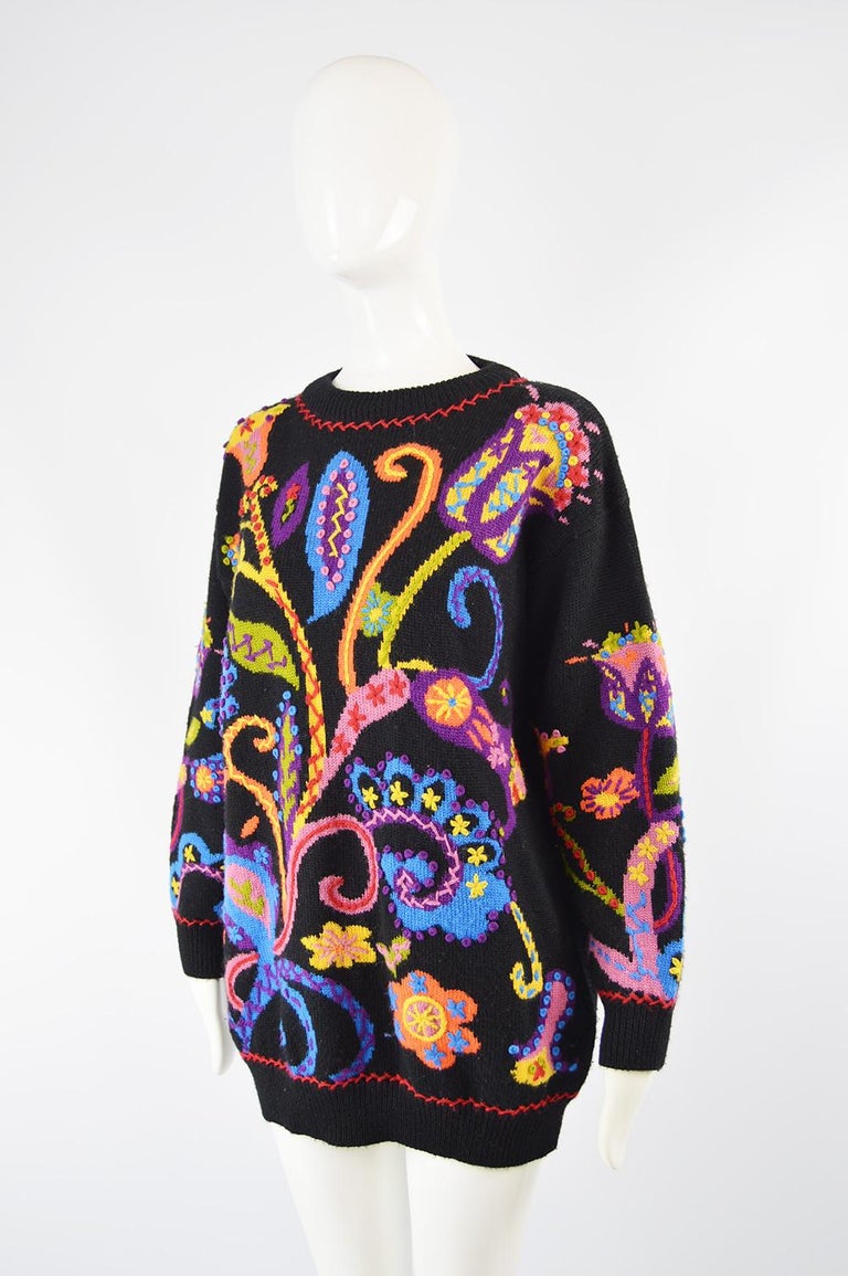 Moschino Vintage Colorful Embroidered Black Wearable Art Wool Sweater ...