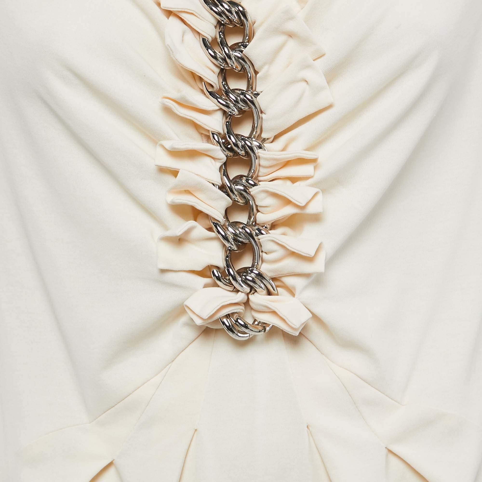 Grigio Moschino Vintage Cream Jersey Ruffled Chain Detail Midi Dress M. in vendita