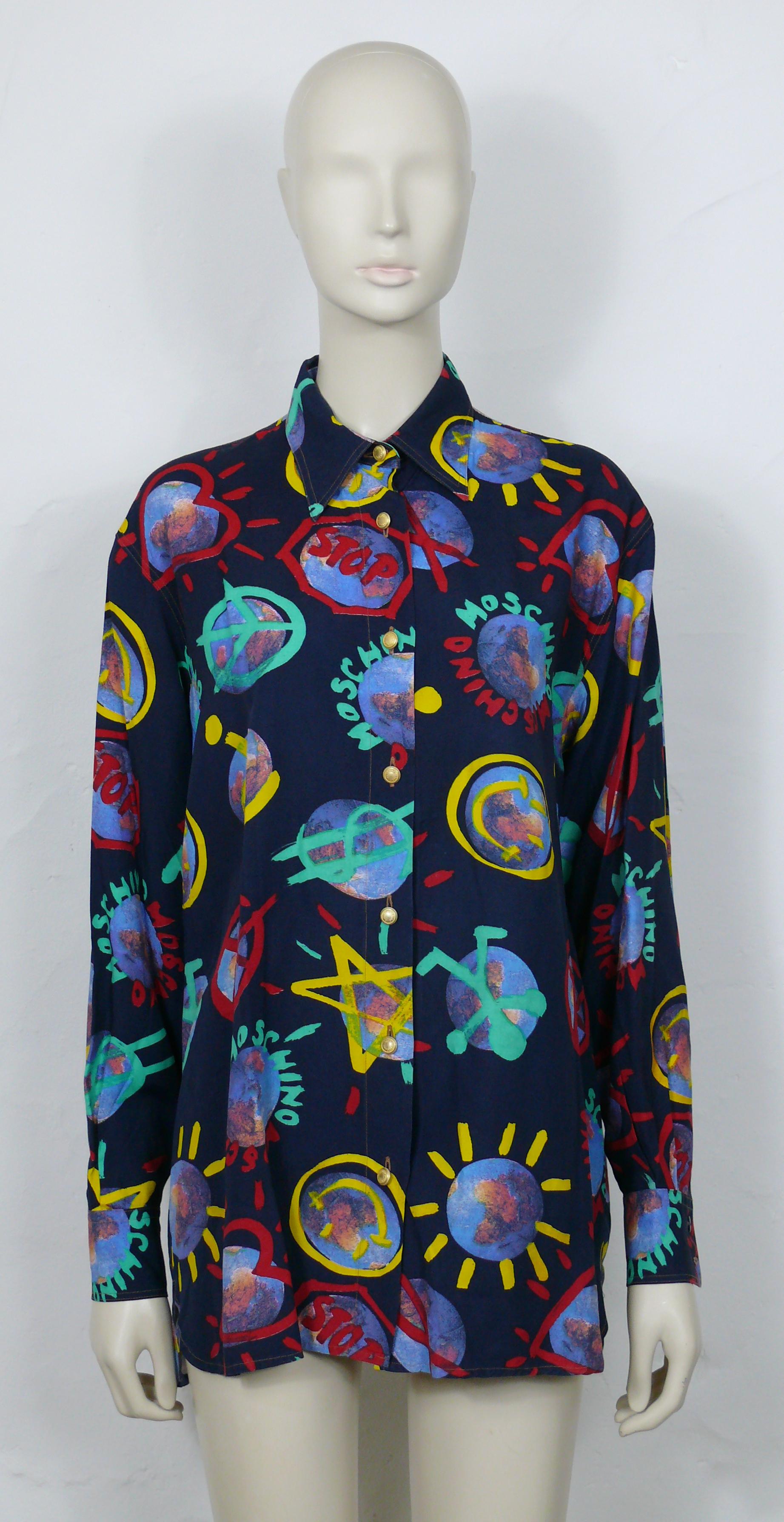 Women's Moschino Vintage Earth Peace Smiley Anarchy... Print Shirt For Sale