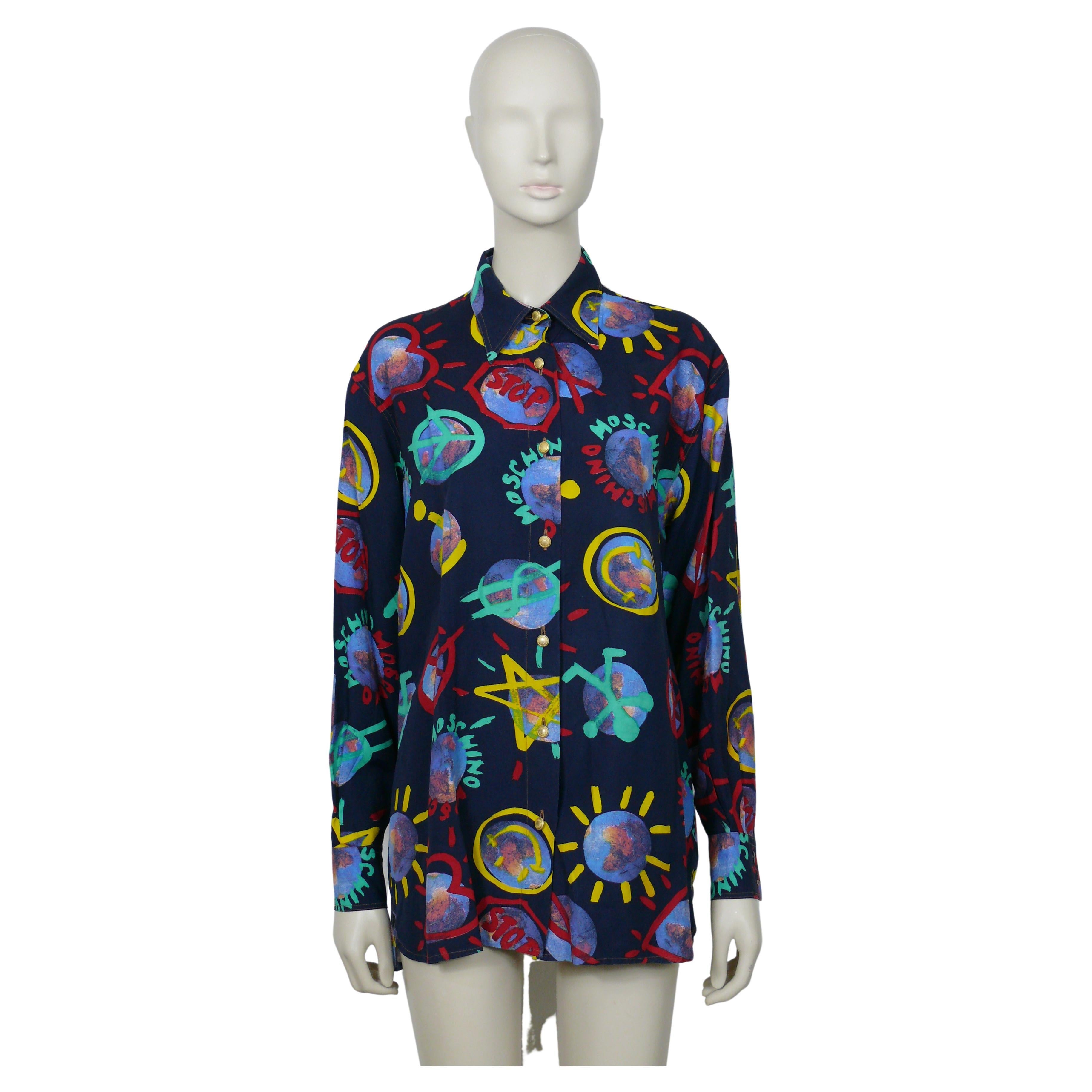 Moschino - Vintage Earth Peace Smiley Anarchy... Chemise imprimée en vente