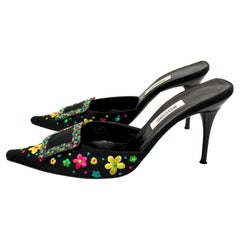 Moschino Vintage Floral Embroidered Mule Pumps With Crystal Buckles