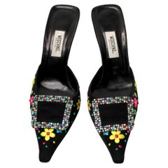 Moschino Vintage Floral Embroidered Mule Pumps With Crystal Buckles