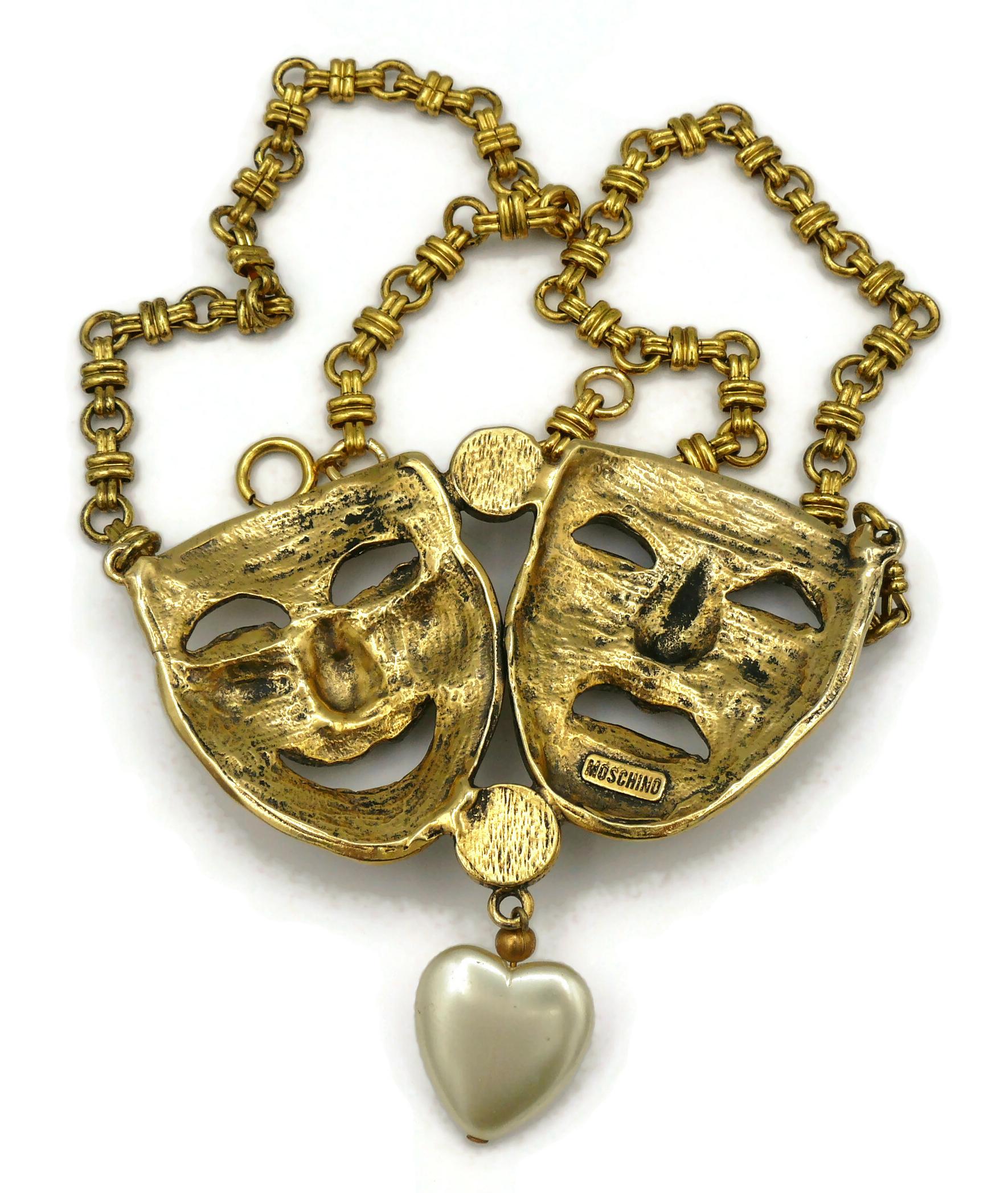 MOSCHINO Vintage Gold Tone Comedy Tragedy Mask Necklace 7